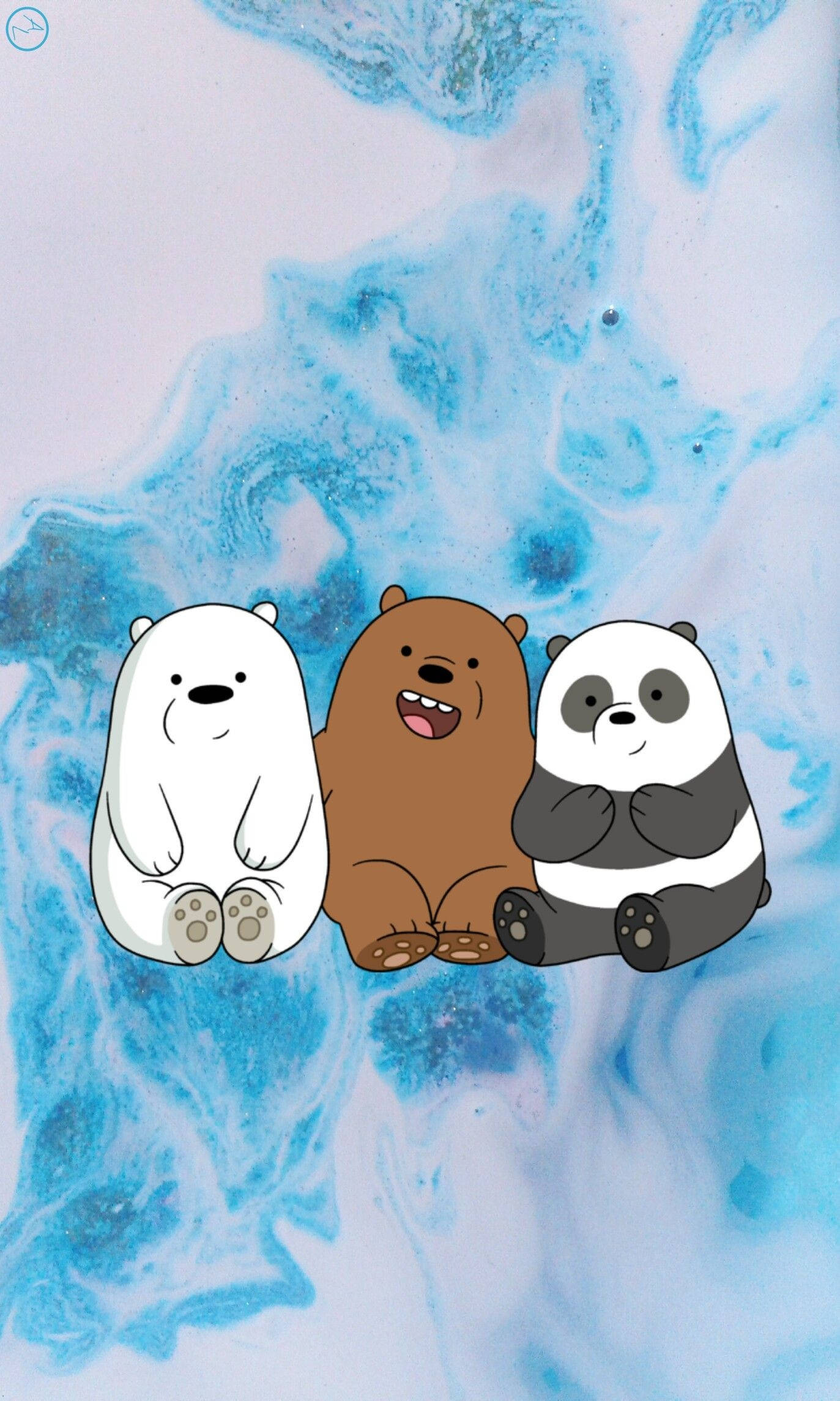 We Bear Bears 三位最佳友人 壁紙 — 三隻卡通熊一起坐在旋轉的藍白抽象背景前。