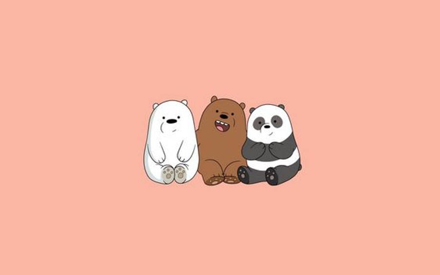 極簡主義 We Bear Bears 壁紙 — 三隻卡通熊並排坐在純蜜桃色背景上，採用簡單的平面設計。