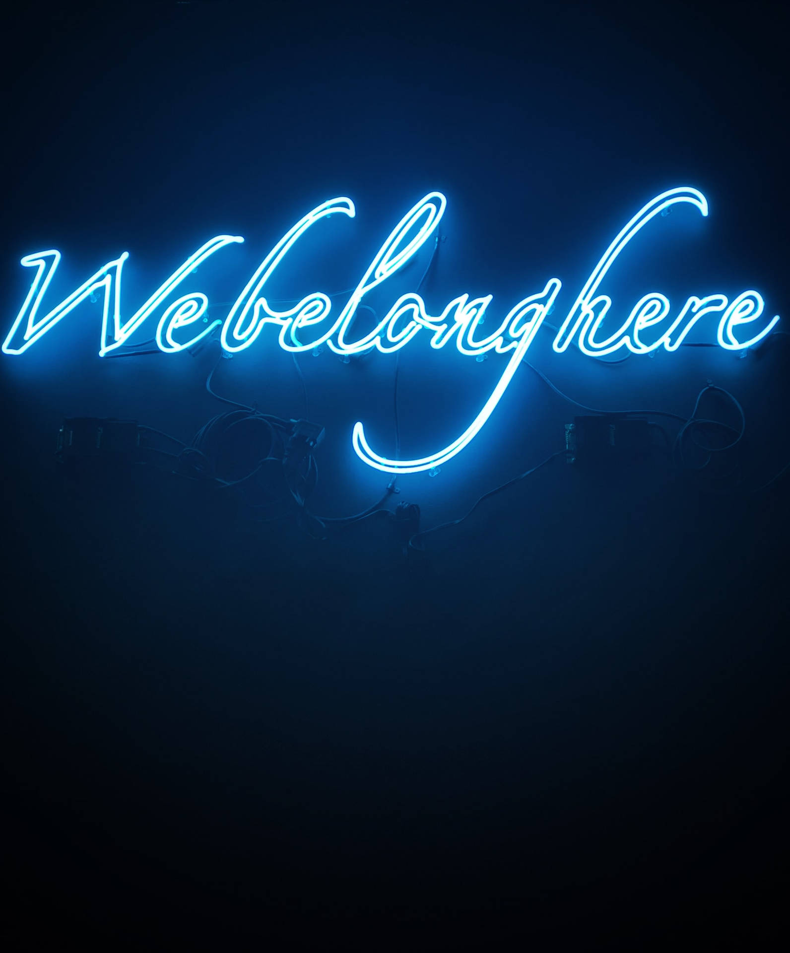 深色牆壁上寫著 We belong here 的藍色霓虹燈牌。