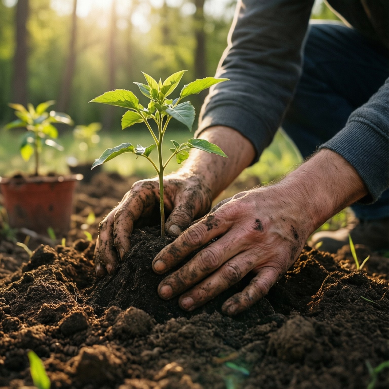 Hands Planting Sapling 壁紙 — 飽經風霜的雙手在陽光明媚的森林空地上，輕輕地將肥沃的土壤壓在一棵嫩綠的樹苗周圍。