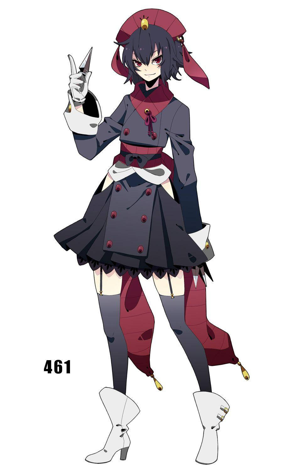 Weavile 人形化藝術 壁紙 — 動漫女孩身穿深灰色和紅色服裝，在白色背景前自信地微笑著拿著刀。