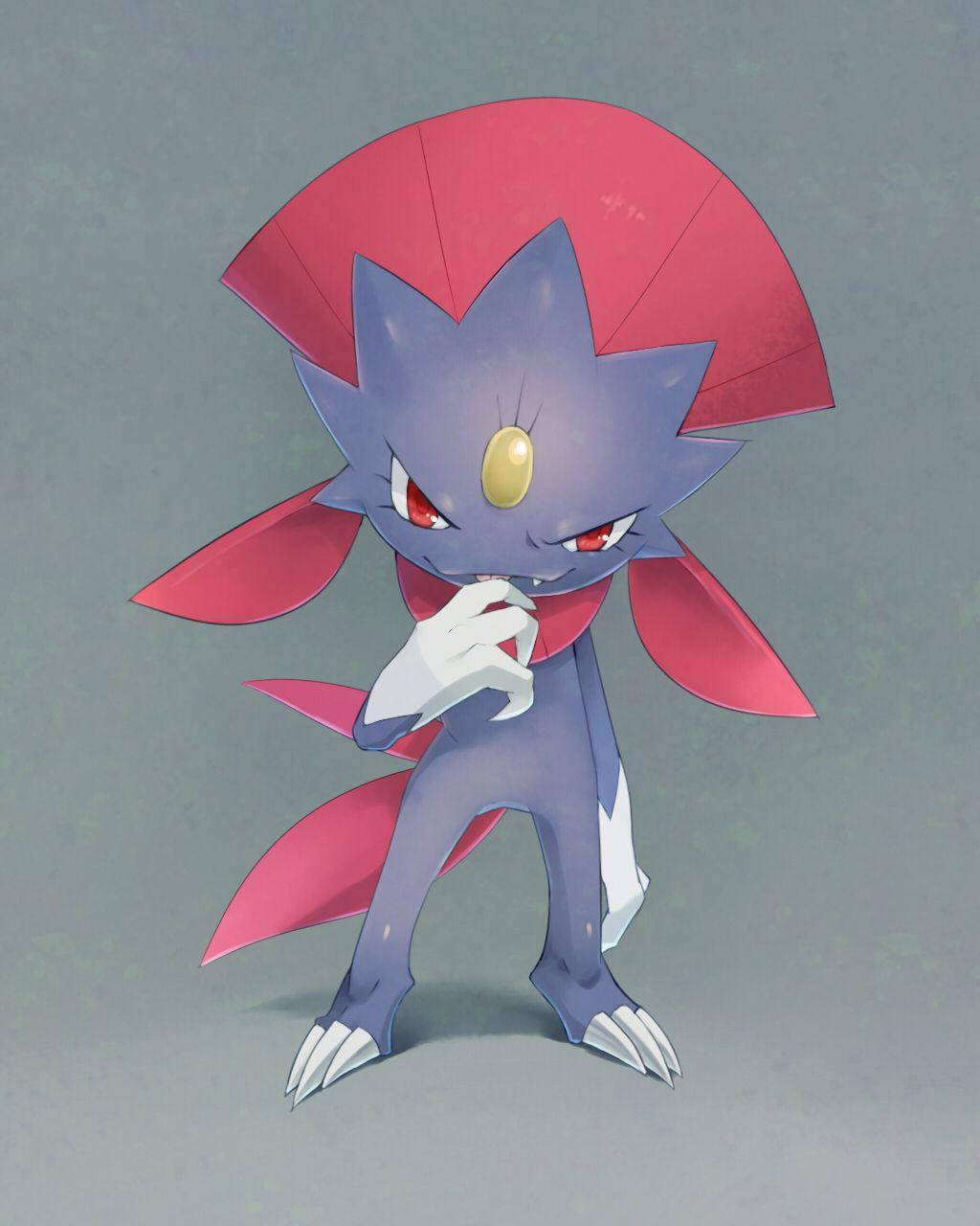 Weavile 傲慢微笑 壁紙 — 一個風格化的動漫角色，擁有紫色身體、紅色鰭和發光的紅色眼睛，自信地站在柔和的灰色背景前。