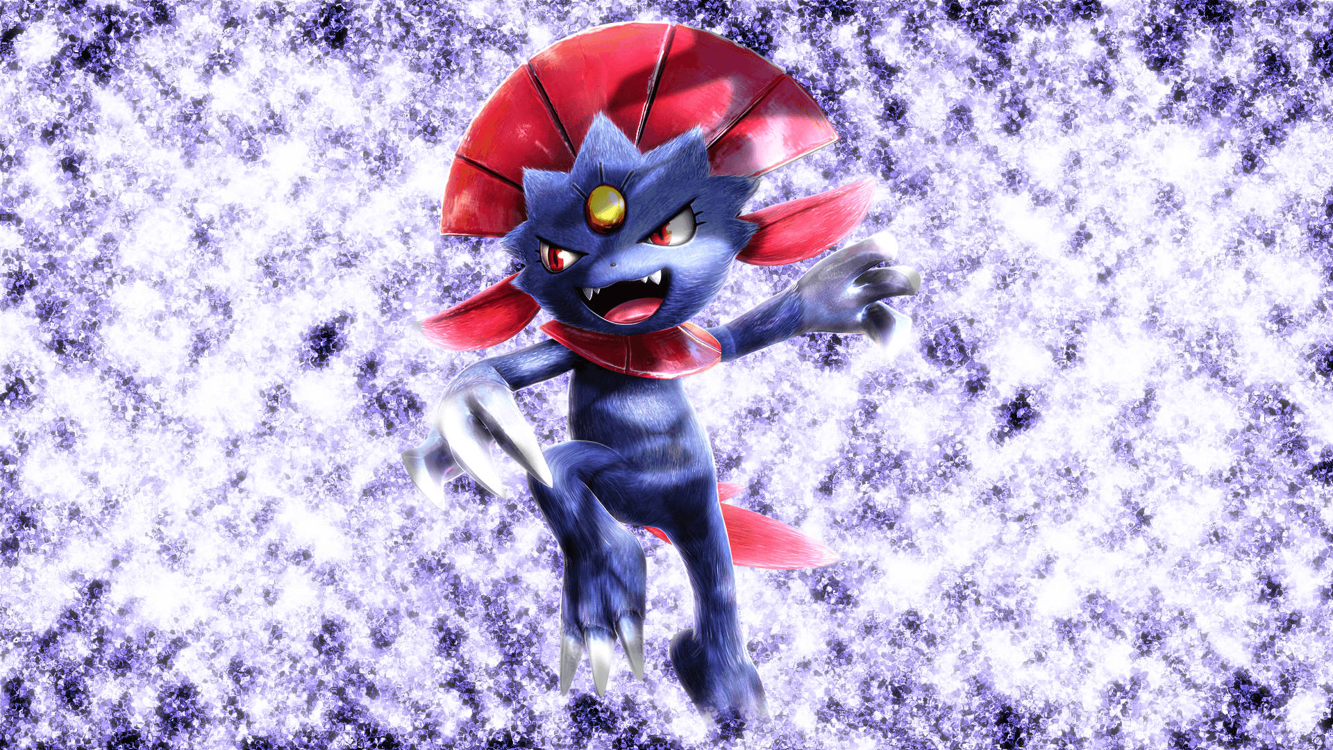 Weavile 在發光苔蘚上玩耍 壁紙 — 一隻兇猛的藍色和紅色動漫生物，擁有發光的眼睛和鋒利的爪子，動態地站在閃爍的紫色和白色宇宙背景前。