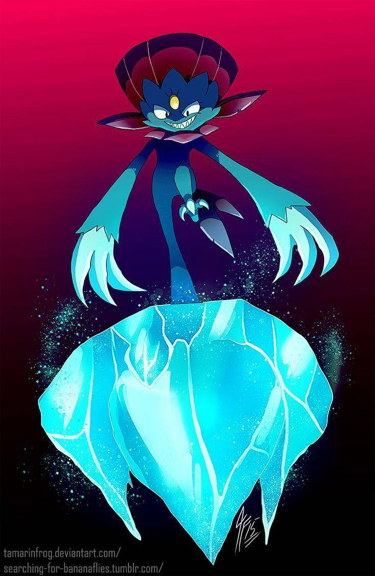 -weavile-展現霸氣 壁紙 — 一隻帶有鋒利爪子和發光眼睛的威脅性藍色動漫生物棲息在發光的青色水晶上，背景是紅色和黑色的漸變。