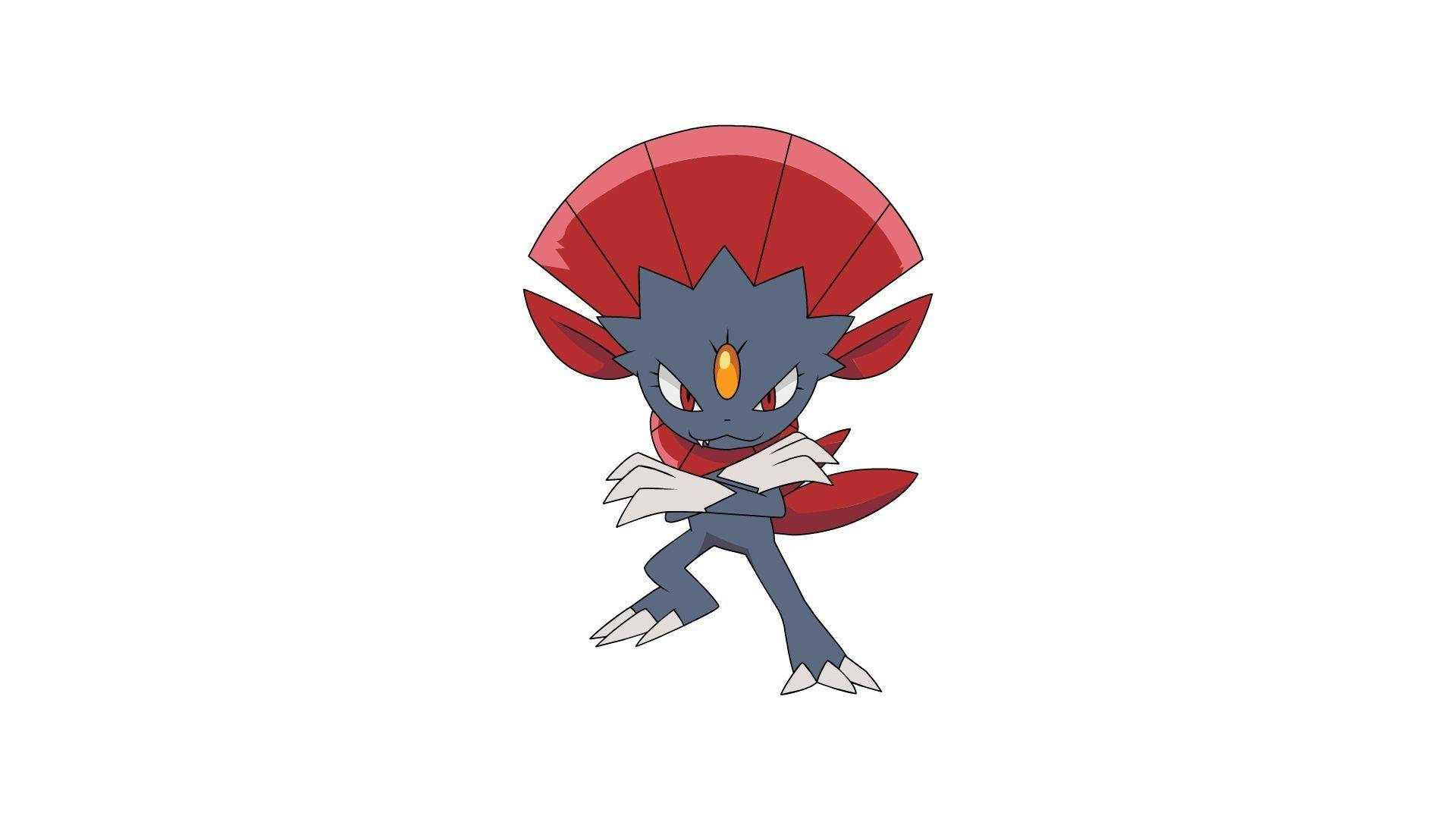 -weavile-準備攻擊 壁紙 — 一個風格化的動畫寶可夢，擁有藍色身體、紅色扇形頭部和鋒利爪子，自信地站在純白色背景前。