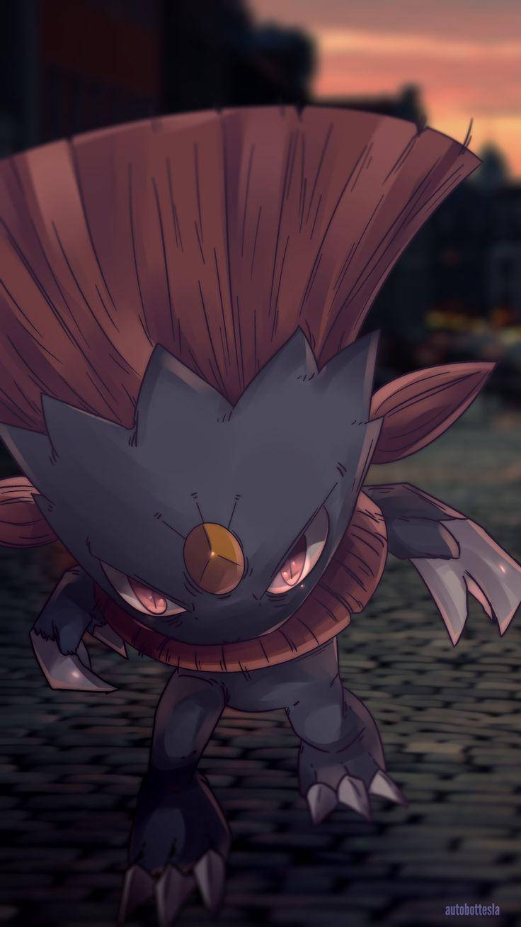 -weavile-蓄勢衝刺 壁紙 — 一隻兇猛的動漫風格寶可夢，擁有尖刺鬃毛和發光的眼睛，站在日落時分的鵝卵石街道上。