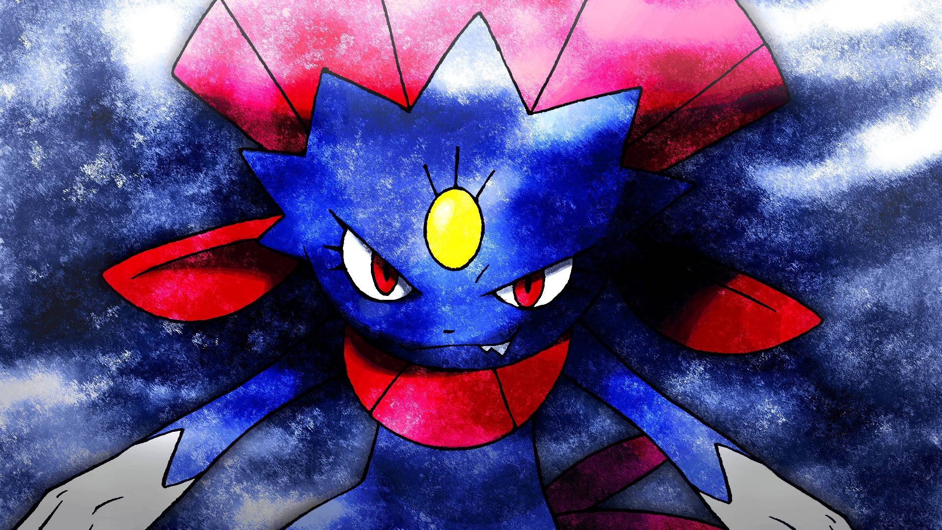 Weavile 處於冰霧之中 壁紙 — 一隻兇猛的藍色和紅色動畫寶可夢，擁有發光的黃色眼睛，在暴風雨的天空背景下強烈凝視。