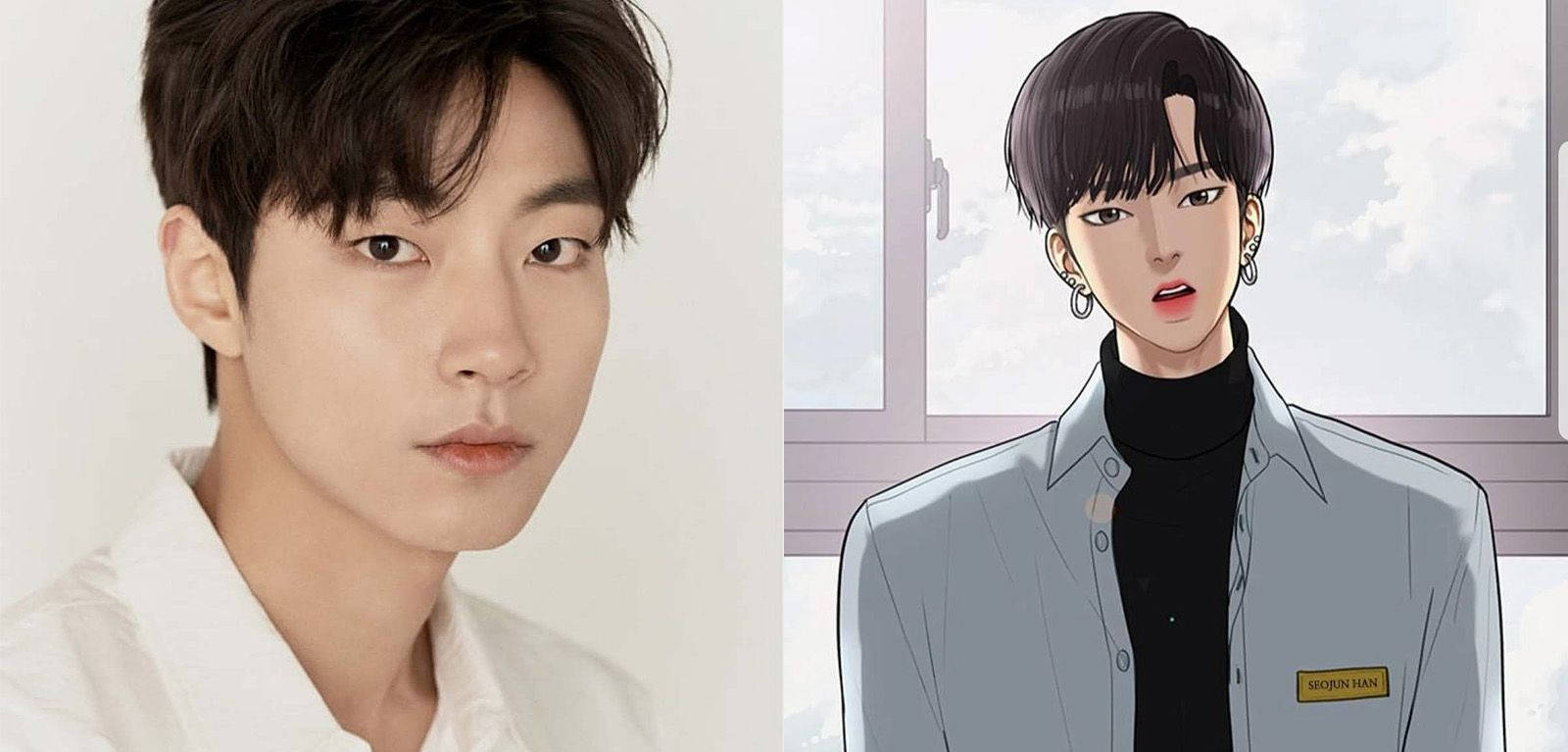 黃寅燁 Webtoon 韓世俊造型 壁紙 — 一個真實年輕男子穿著白襯衫，旁邊是他動漫風格的對應人物穿著灰色外套的分割肖像。