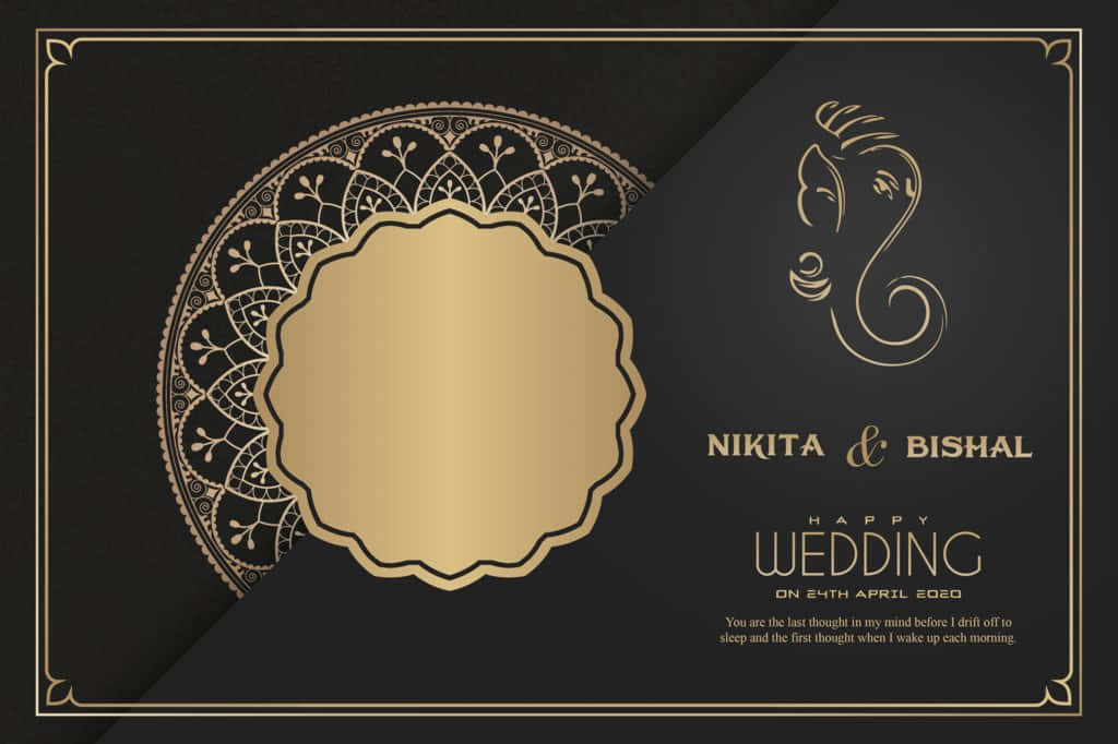 為 Nikita 和 Bishal 設計的黑金婚禮邀請函，帶有曼陀羅和象頭神圖案。