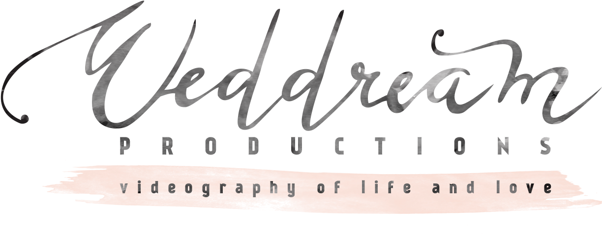 Weddream Productions 標誌 壁紙 — Veddream Productions 的優雅銀色草書標誌，黑色背景上帶有桃色筆觸標語。