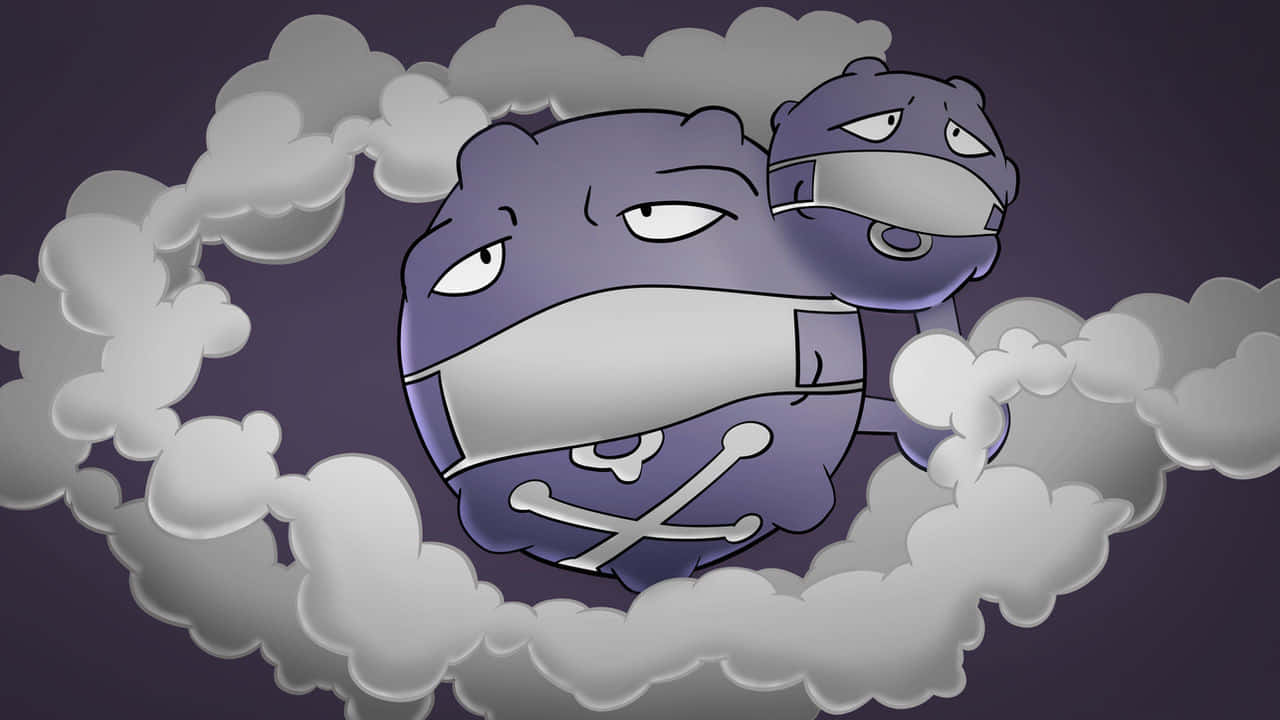 戴著口罩的 Weezing 壁紙 — 兩隻紫色卡通比卡超戴著外科口罩漂浮在深紫色背景上旋轉的灰色雲層中。