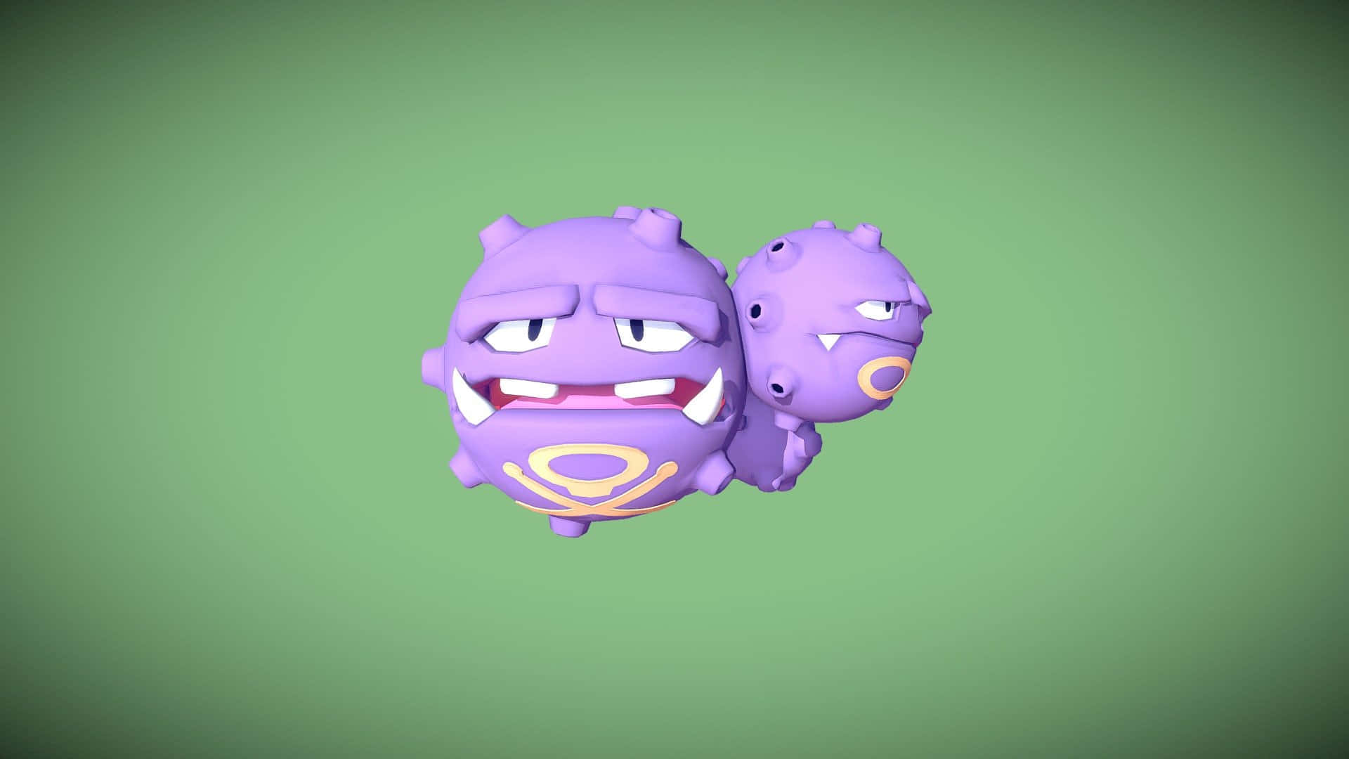 綠色背景上的Weezing 壁紙 — 兩隻紫色嘅Pokémon帶住憤怒嘅表情漂浮喺綠色漸變背景上。