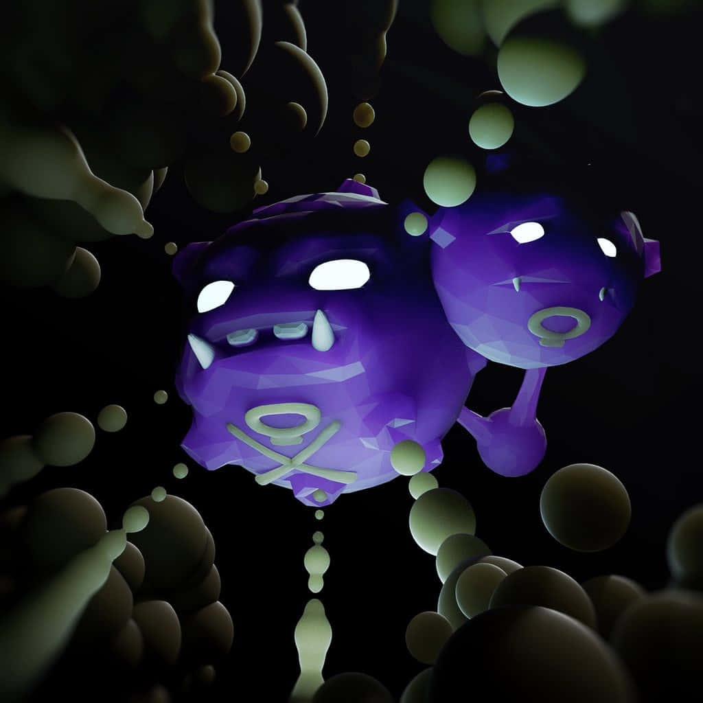詭異的 Weezing 噴出綠色煙霧 壁紙 — 兩隻紫色低多邊形卡通怪物，眼睛發光，漂浮在黑暗虛空中的綠色和棕色氣泡之間。