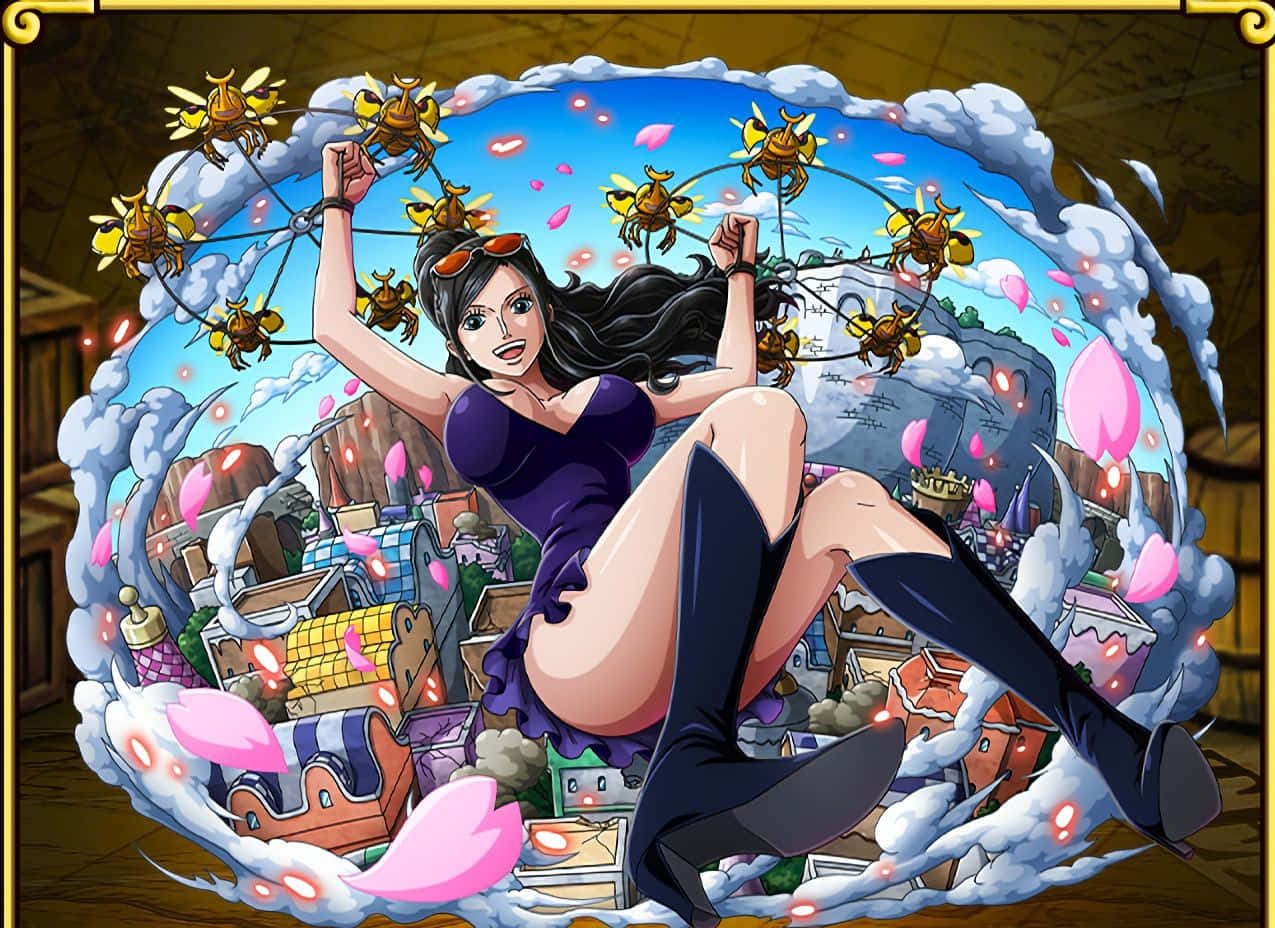 身穿紫色連衣裙的動漫女性在飄浮的粉紅色花瓣和小鎮中揮舞著蜜蜂鏈。