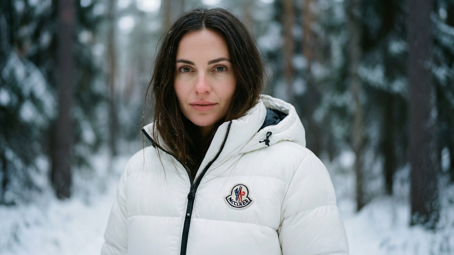 身穿白色冬季外套的女性站在雪地森林中。