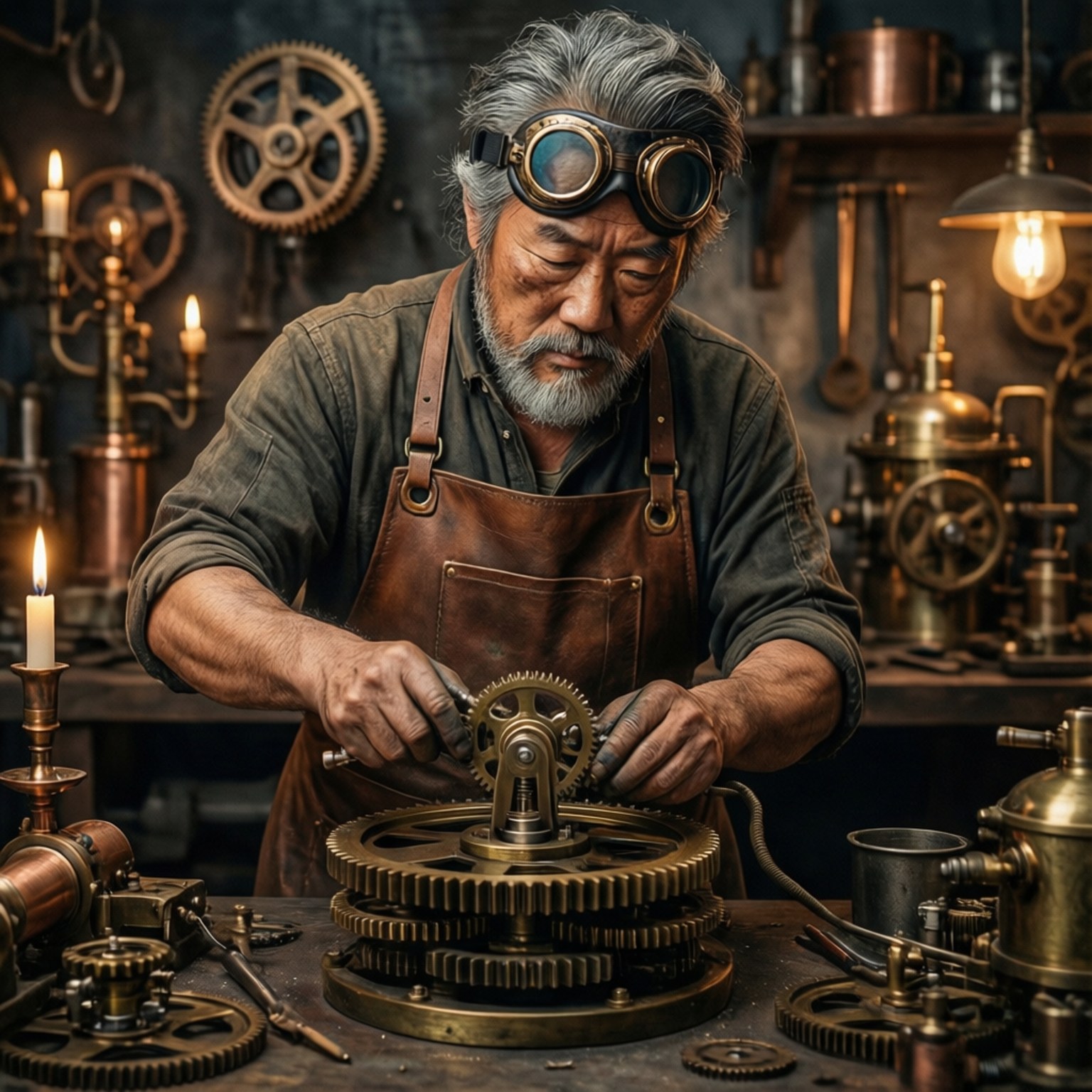 蒸汽龐克發明家 壁紙 — 一位戴著護目鏡的年長發明家在燈光昏暗的蒸氣龐克工作室中仔細組裝黃銅齒輪。