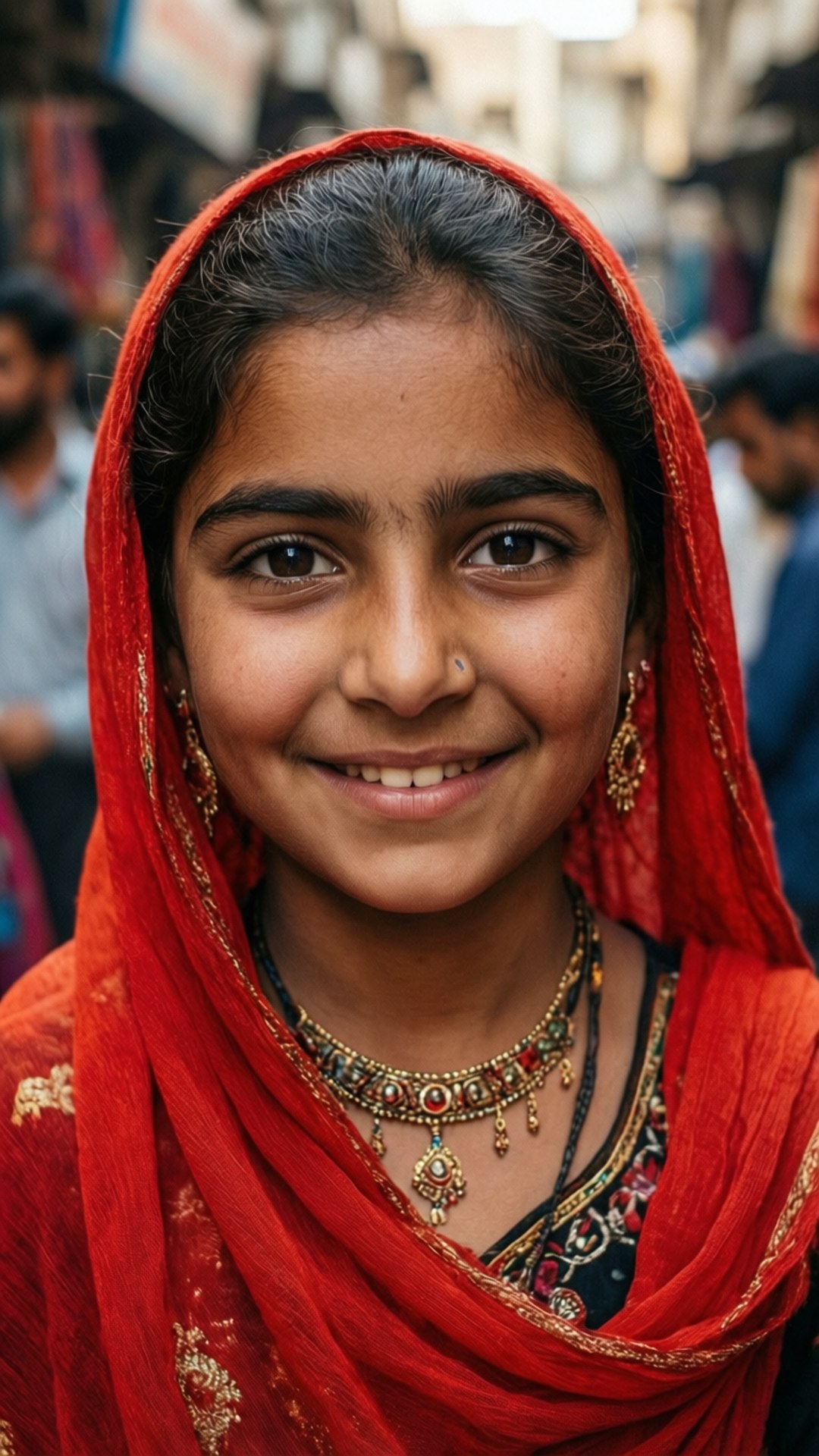 Karachi 桌布 壁紙 — 一位戴著鮮紅色頭巾的燦爛少女，在繁忙的街景中對著鏡頭溫暖微笑。