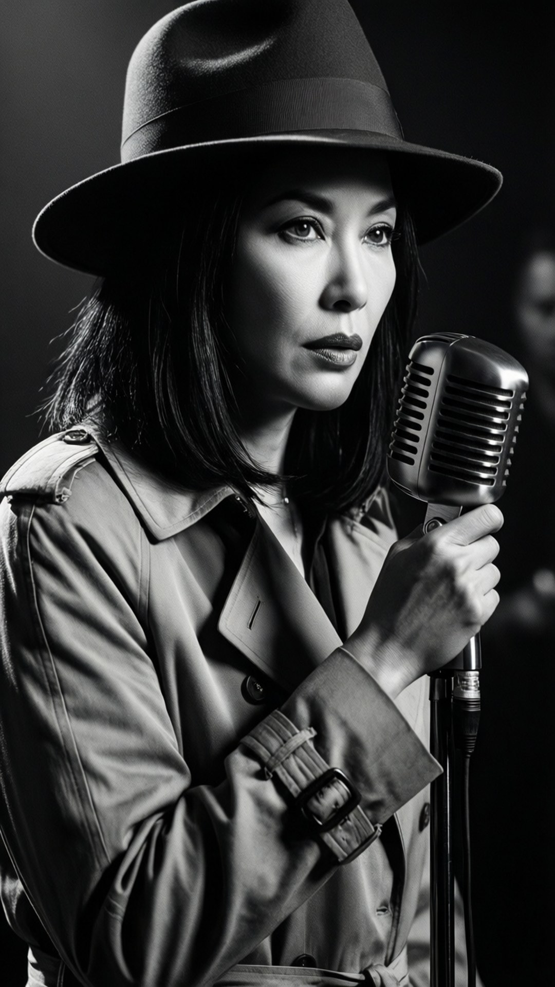 Noir Muse 壁紙 — 一位戴著軟呢帽和風衣的女性在戲劇性的黑白肖像中手持復古麥克風。