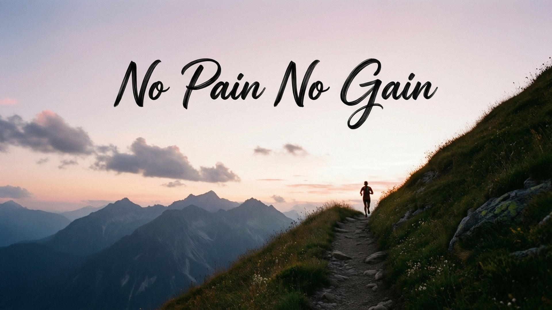 No Pain No Gain 桌布 壁紙 — 一位孤獨的跑者在日落時分攀登山路，上面疊加了勵志短語「No Pain No Gain」。
