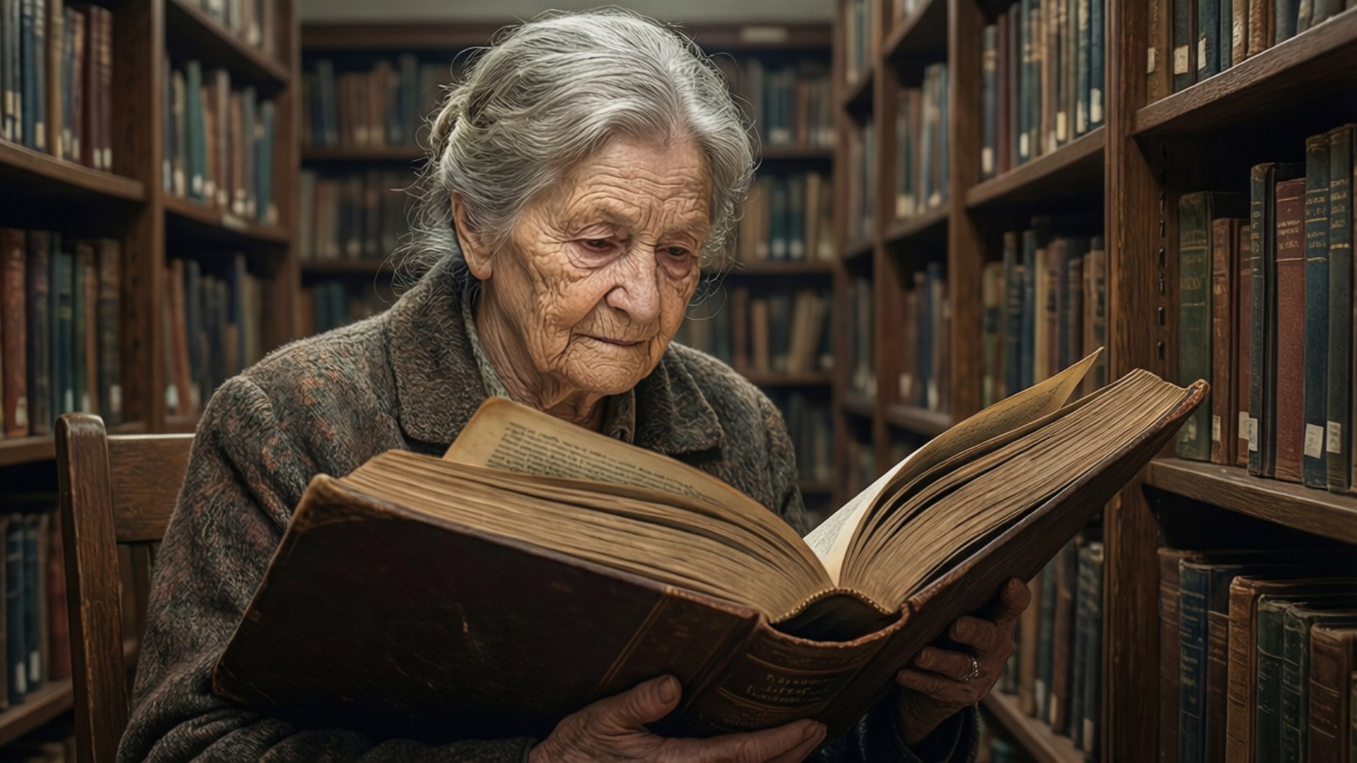 Grandma Free 桌布 壁紙 — 一位灰髮老婦人坐在木椅上，被高聳的書架包圍，專注地閱讀一本打開的大書，書頁泛黃。
