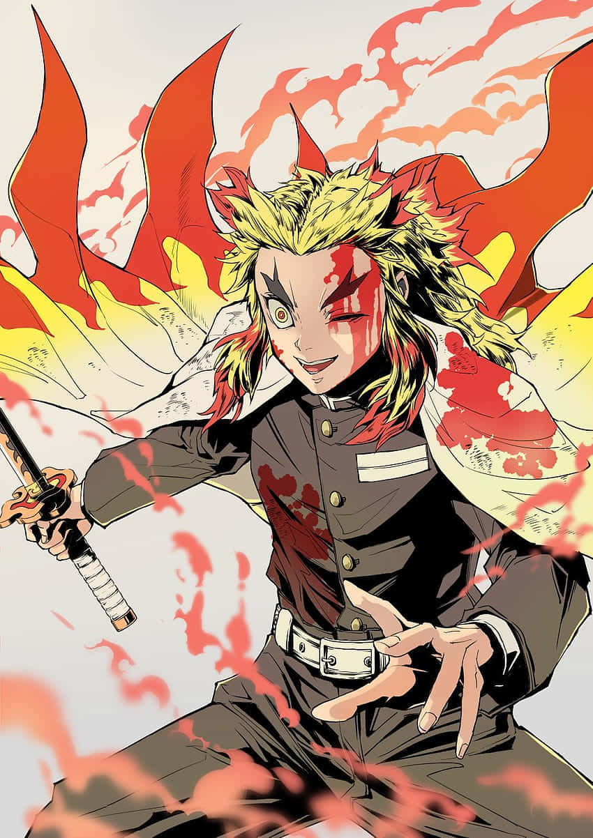  壁紙 — 一位火紅頭髮的動漫戰士穿著血跡斑斑的制服，在蒼白天空下揮舞著劍，周圍是旋轉的紅色火焰。