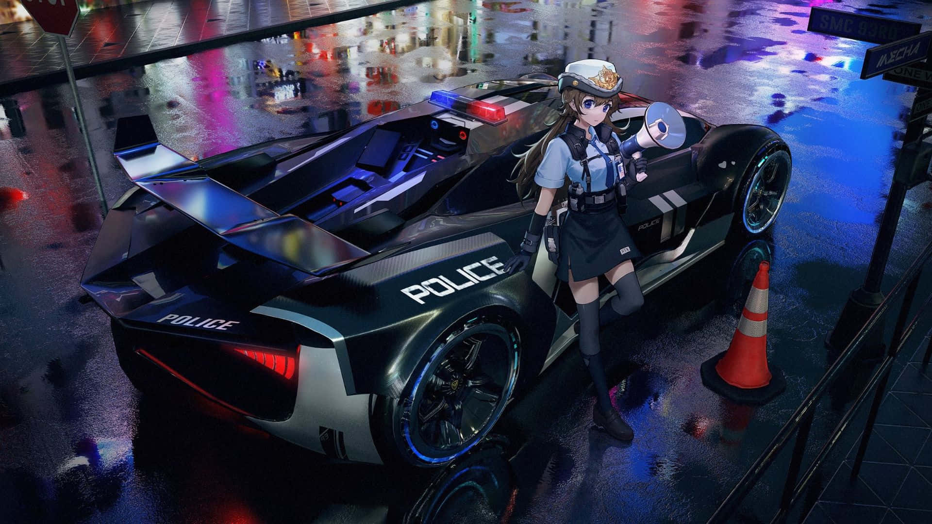 壁紙 — 一輛未來風格的警車在霓虹燈下閃閃發光，一名女警站在旁邊，夜晚的都市街道濕漉漉的。