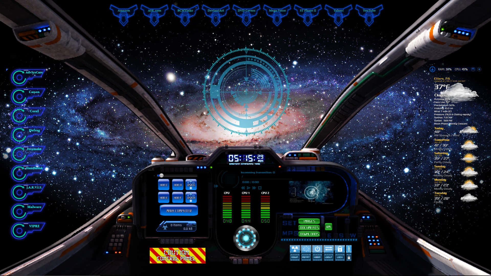 Spaceship Cockpit 桌布 壁紙 — 未來風格的太空船駕駛艙，帶有發光藍色控制裝置，通過擋風玻璃可看到星域景觀。