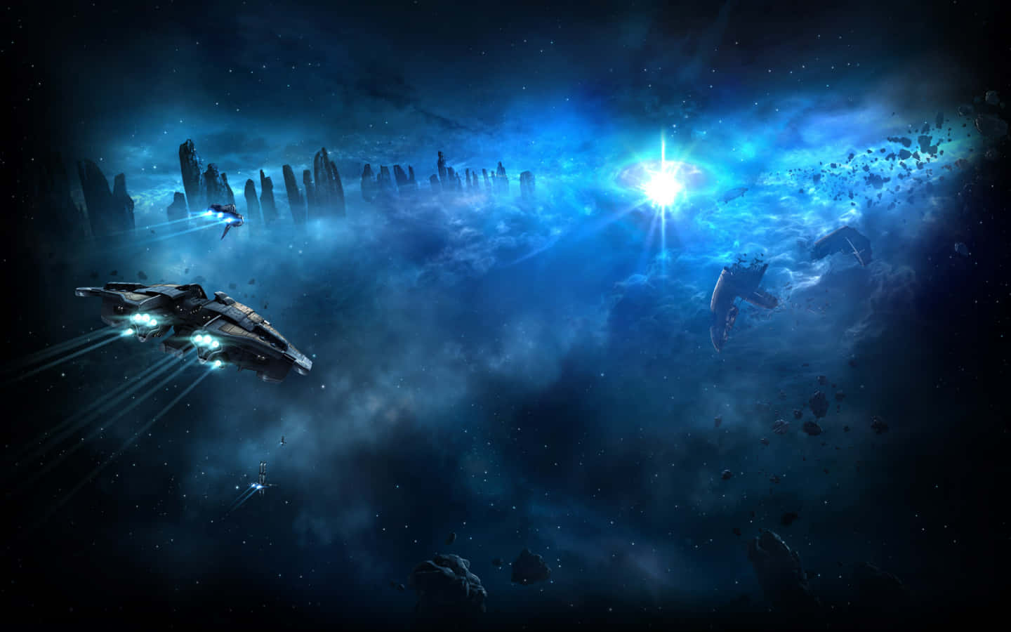 太空船在外星尖塔附近飛過發光的藍色星雲。