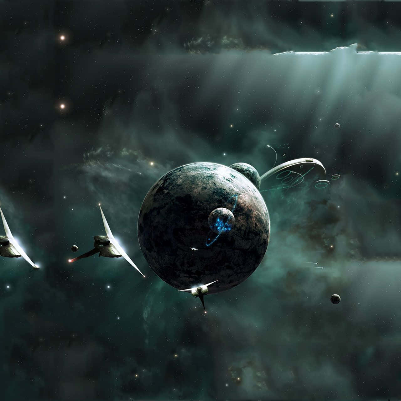 未來太空船在黑暗星雲中飛近一個帶有發光環的行星。
