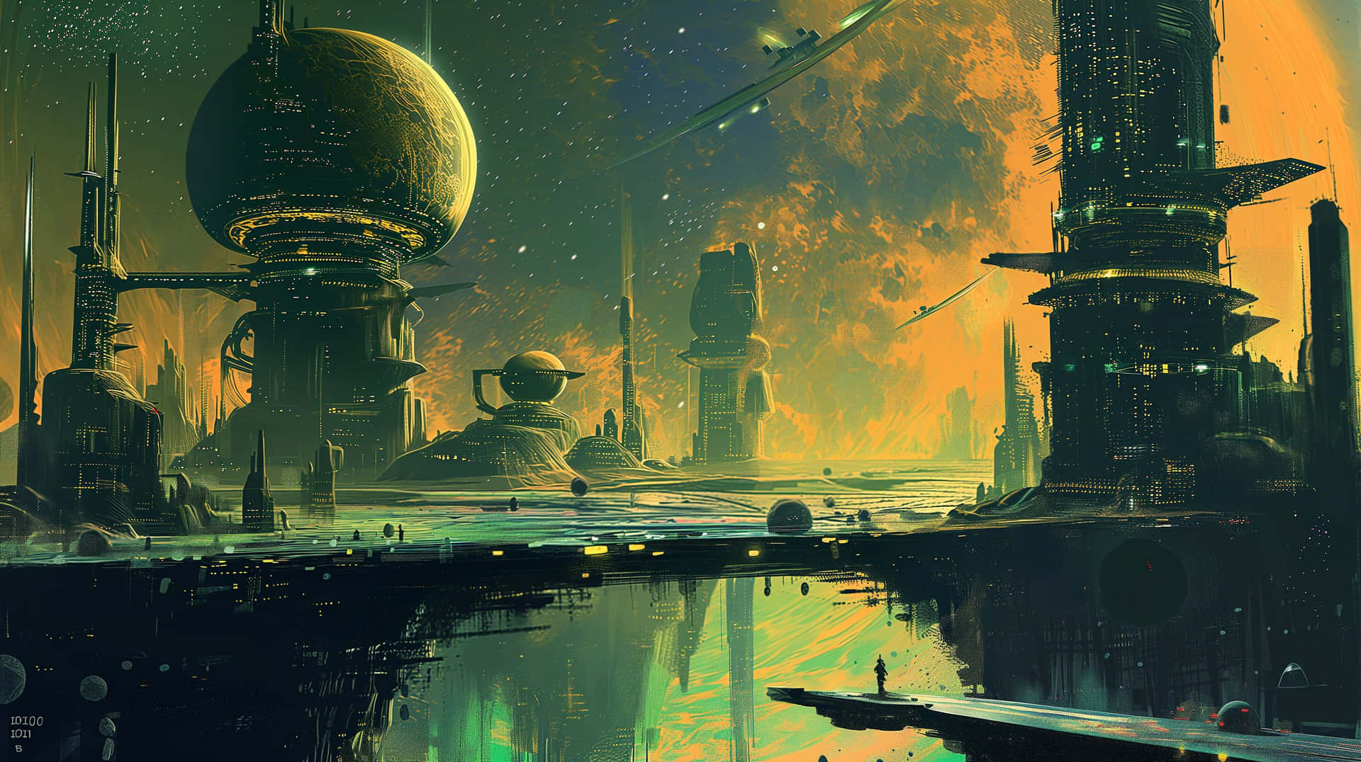  壁紙 — 未來外星城市景觀，高聳建築和漂浮球體，在發光的橙色天空下，倒映在水中。