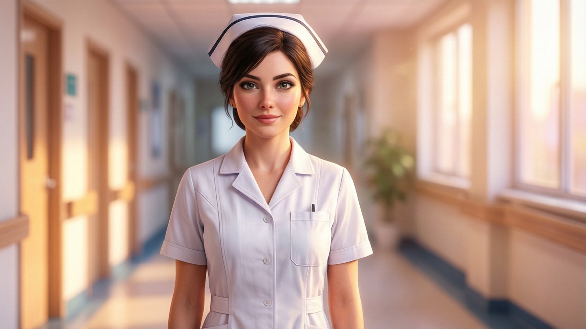 Nurse Day 桌布 壁紙 — 一位冷靜的護士穿著白色制服，站在陽光普照的醫院走廊，色調溫暖，背景柔和。