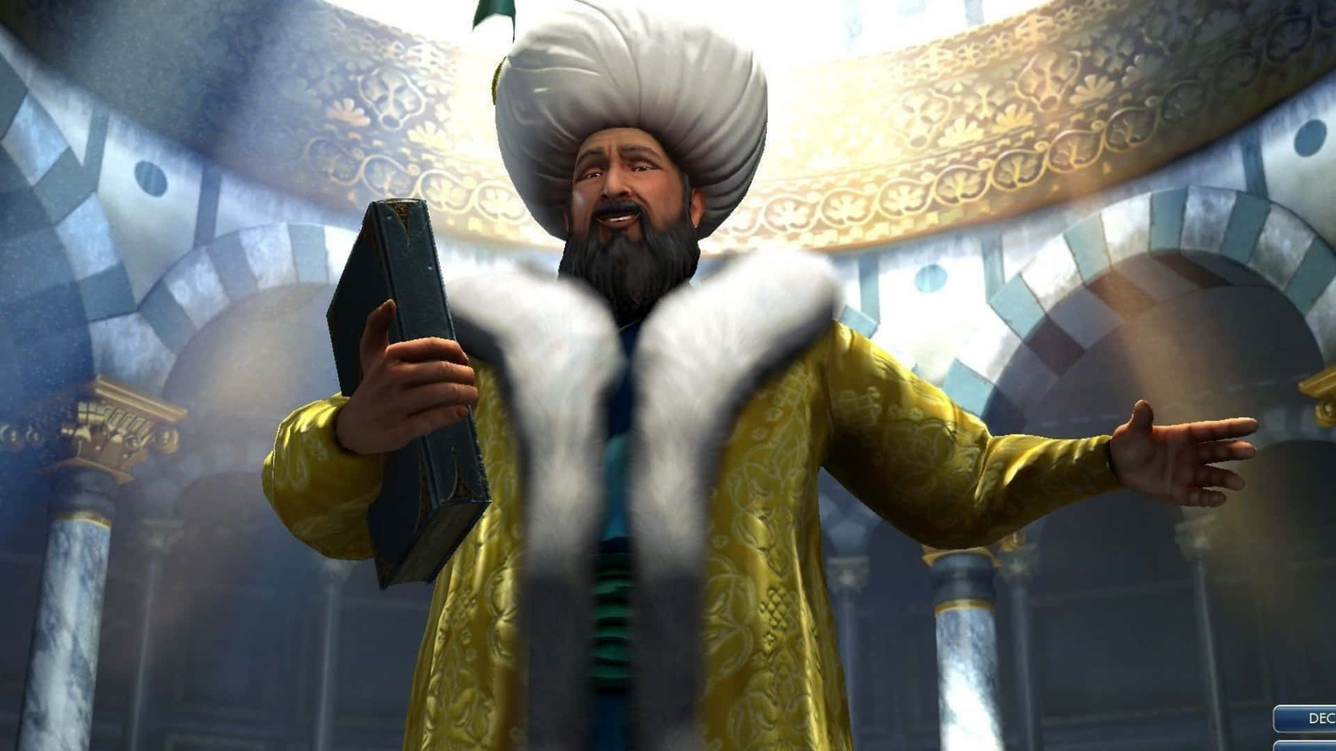 在「HD Civilization V」中打造偉大文明 壁紙 — 一位留鬍鬚的男子，戴著白色頭巾，身穿金色長袍，在一個擁有複雜拱門和柱子的宏偉圓頂清真寺中，手持一本書並做手勢。