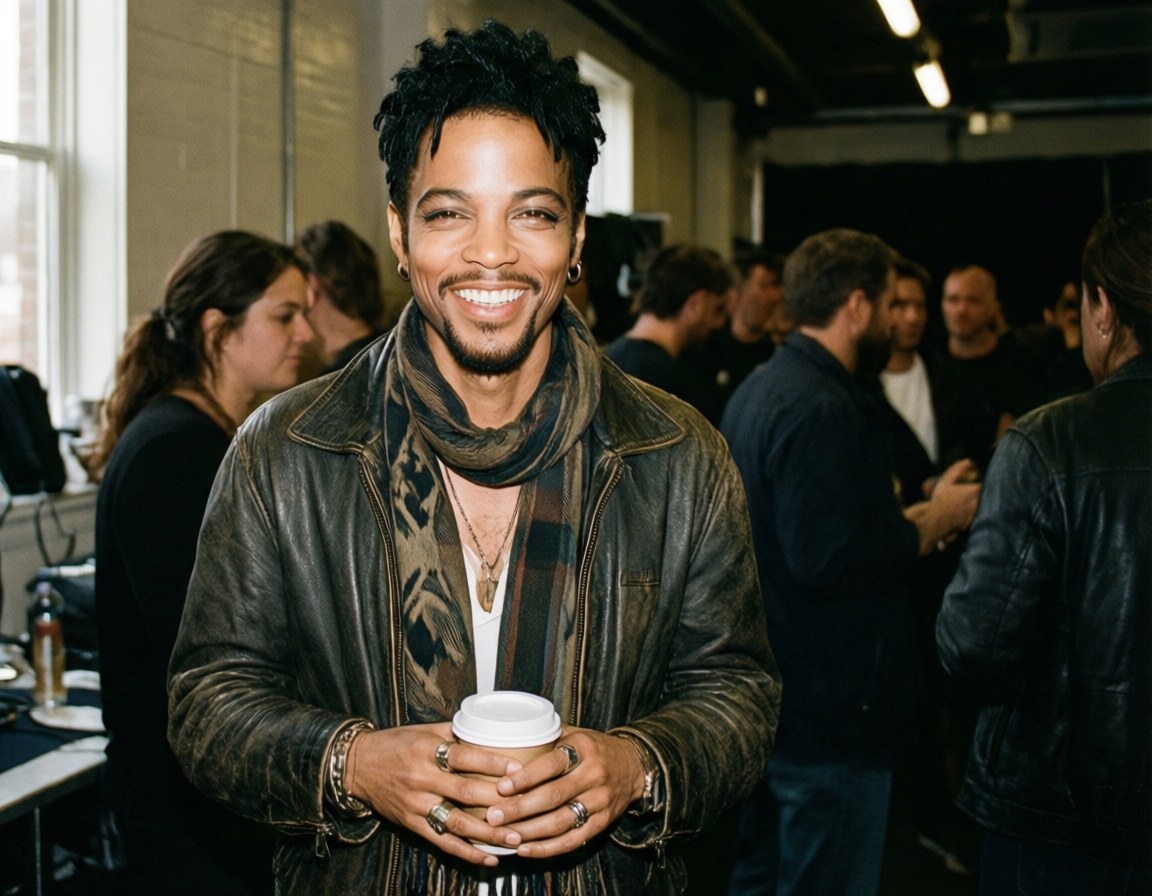 Candid Backstage Smile 壁紙 — 一位面帶微笑、身穿皮褸和圖案圍巾的男子在熱鬧的室內聚會中手持咖啡杯。