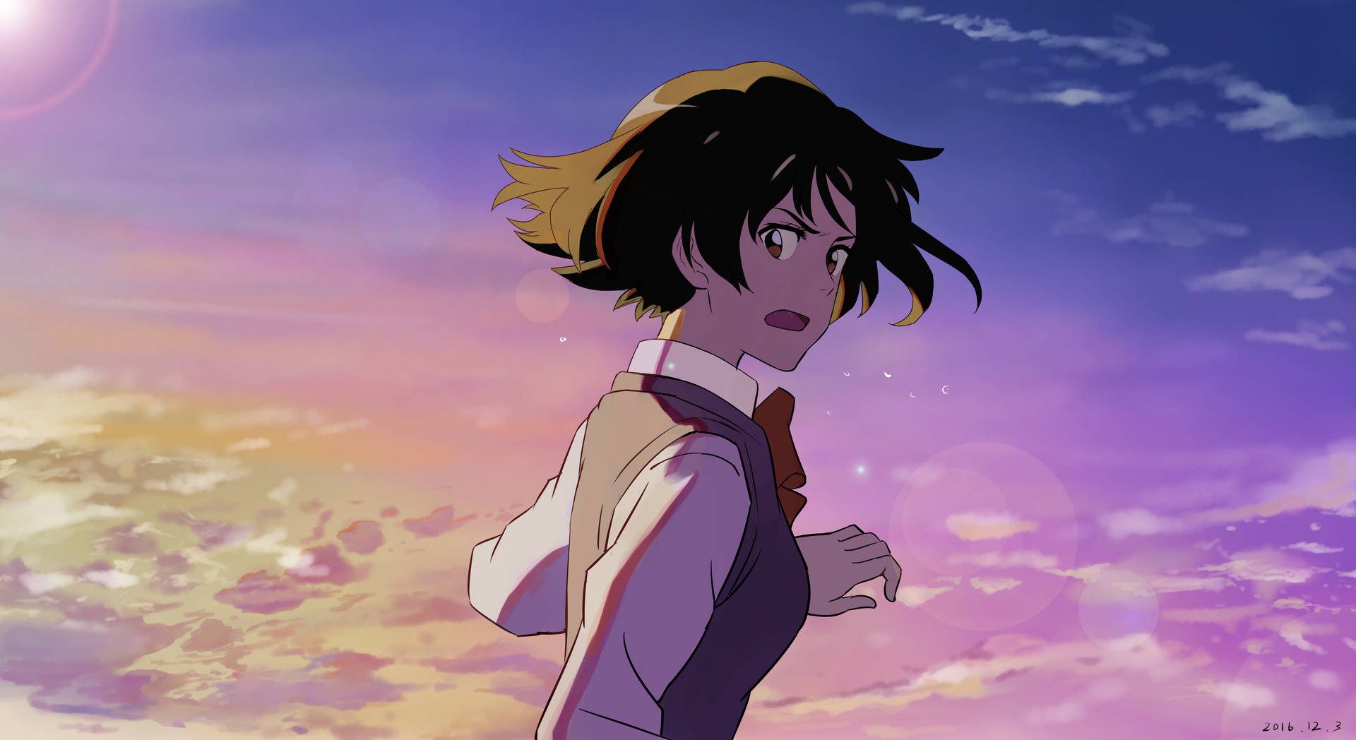 穿校服的動漫女孩回頭看向充滿活力的日落天空