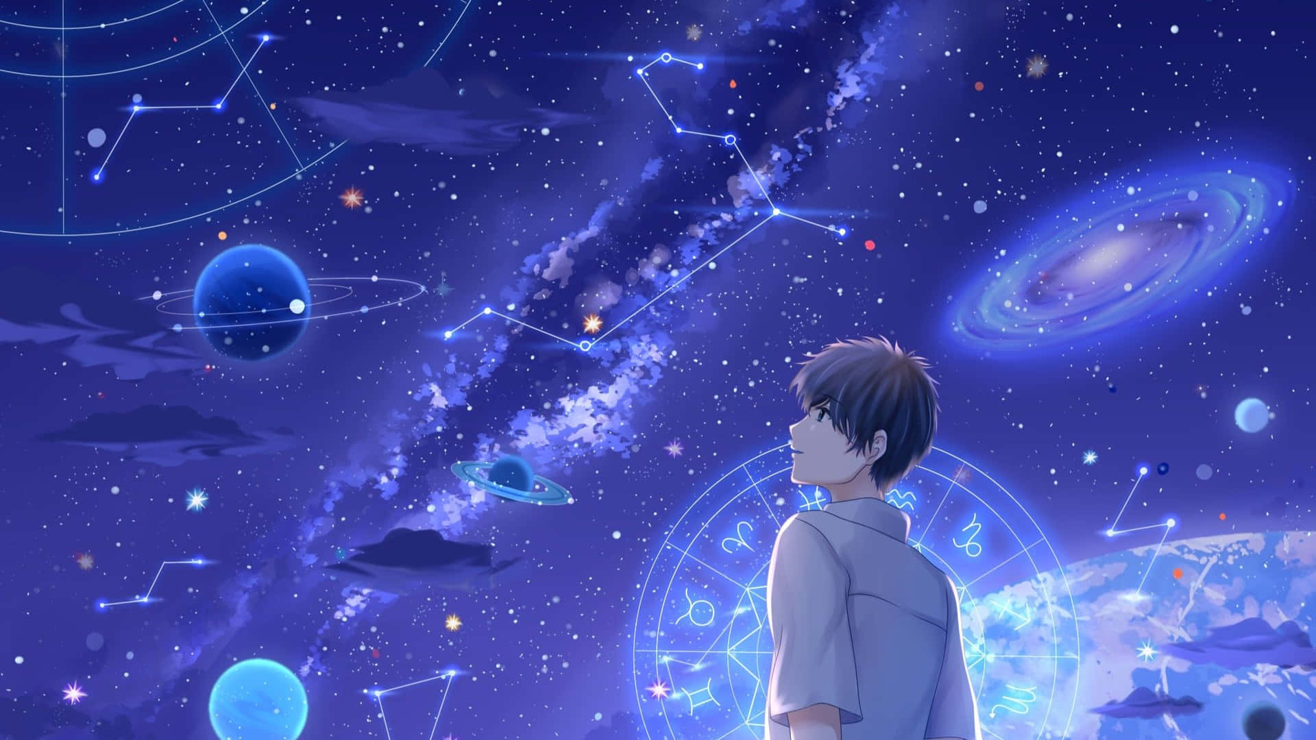  壁紙 — 一位年輕男子仰望充滿閃爍星座、行星和旋轉星系的生動宇宙天空。