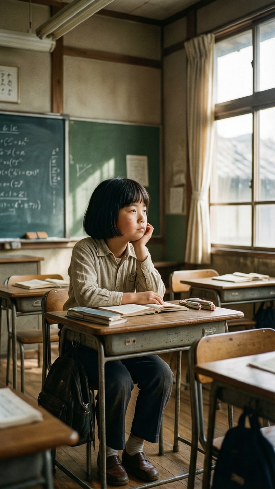 年輕學生坐在陽光教室的木桌旁，神情若有所思