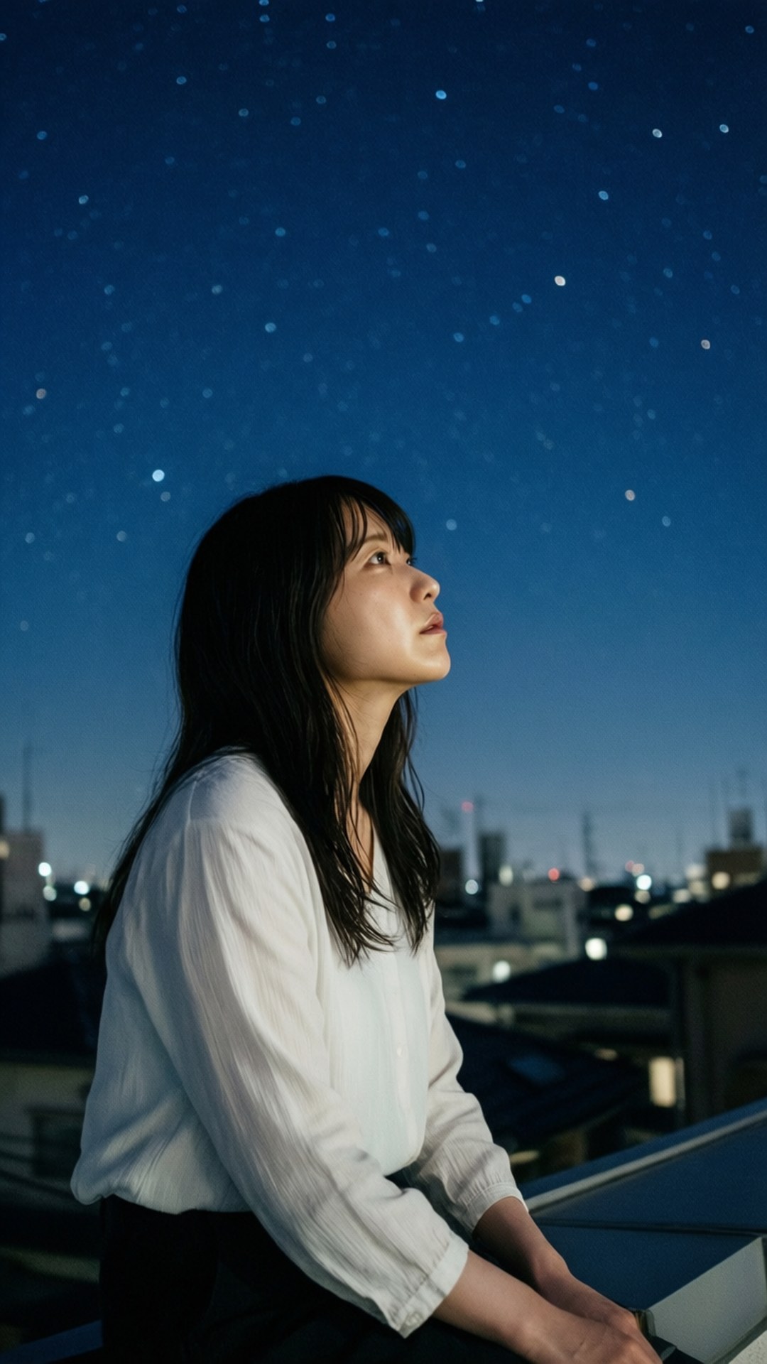 Saori Kido 桌布 壁紙 — 一位身穿白色襯衫的年輕女性，在俯瞰城市景觀的屋頂上仰望星空。