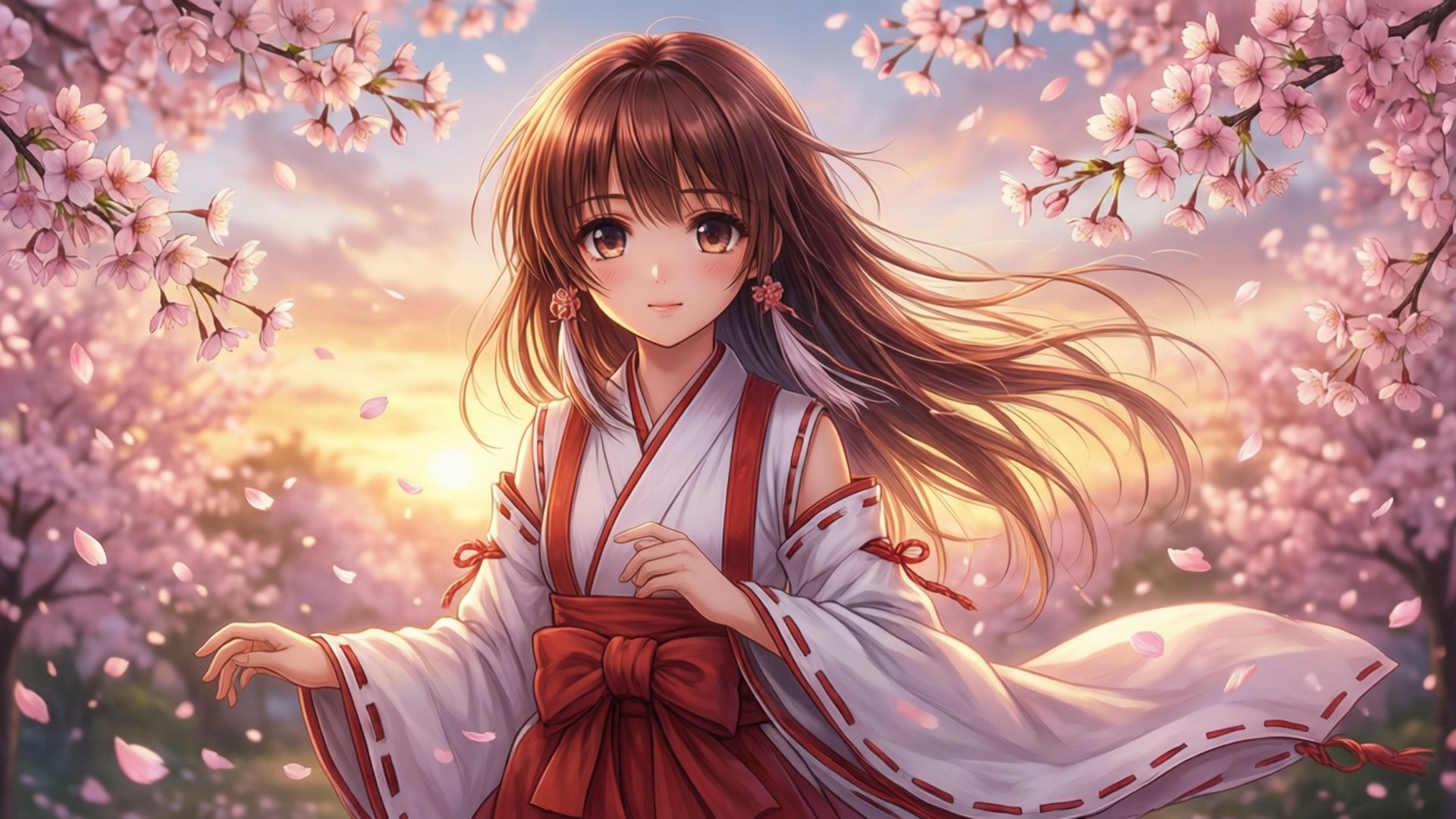 Kamisama Kiss 桌布 壁紙 — 一位身穿白色和紅色和服的年輕動漫女孩站在盛開的櫻花樹下，花瓣在溫暖的夕陽餘暉中飄落。