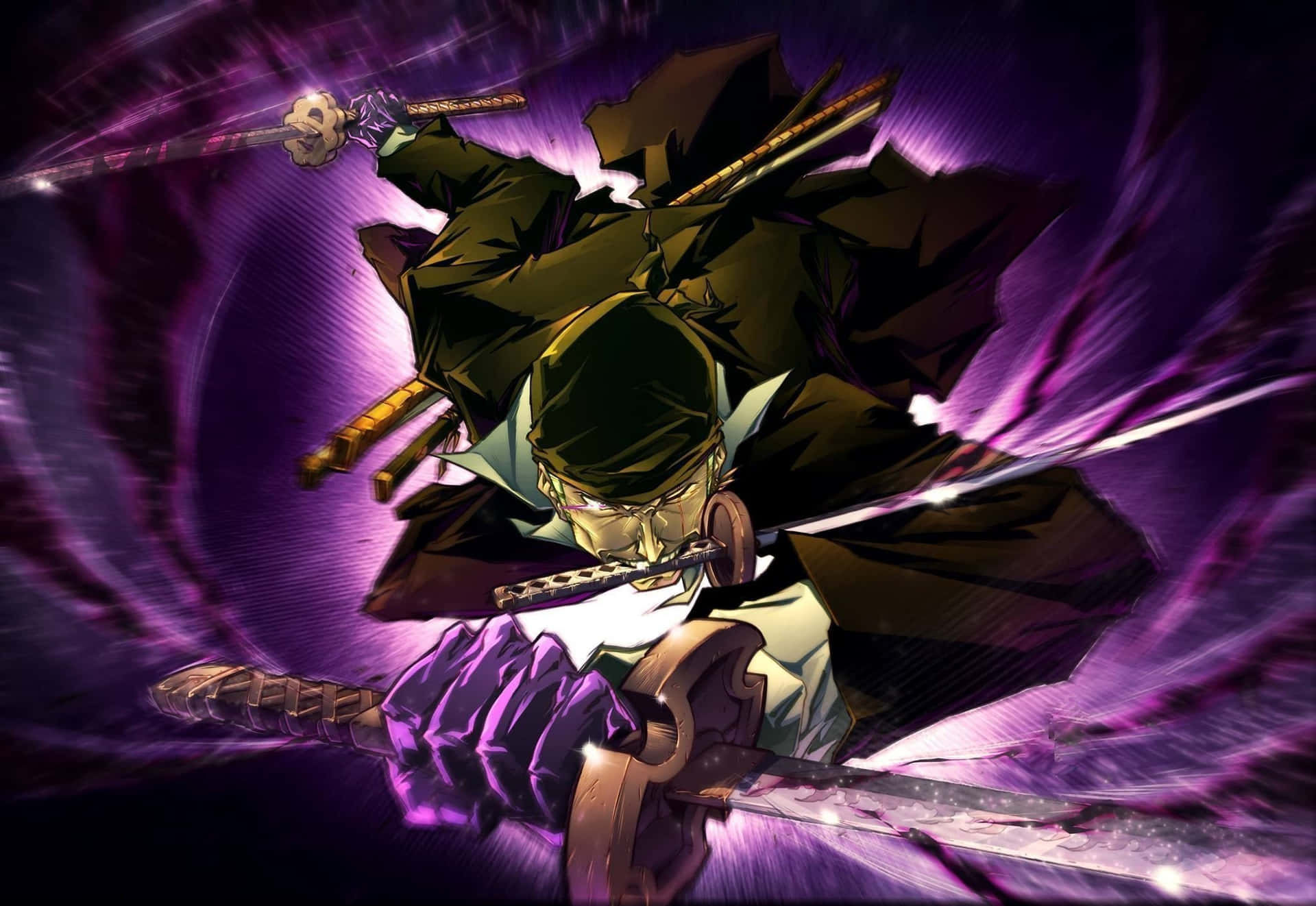動漫武士戰士在旋轉的紫色能量中揮舞多把劍進行戰鬥。