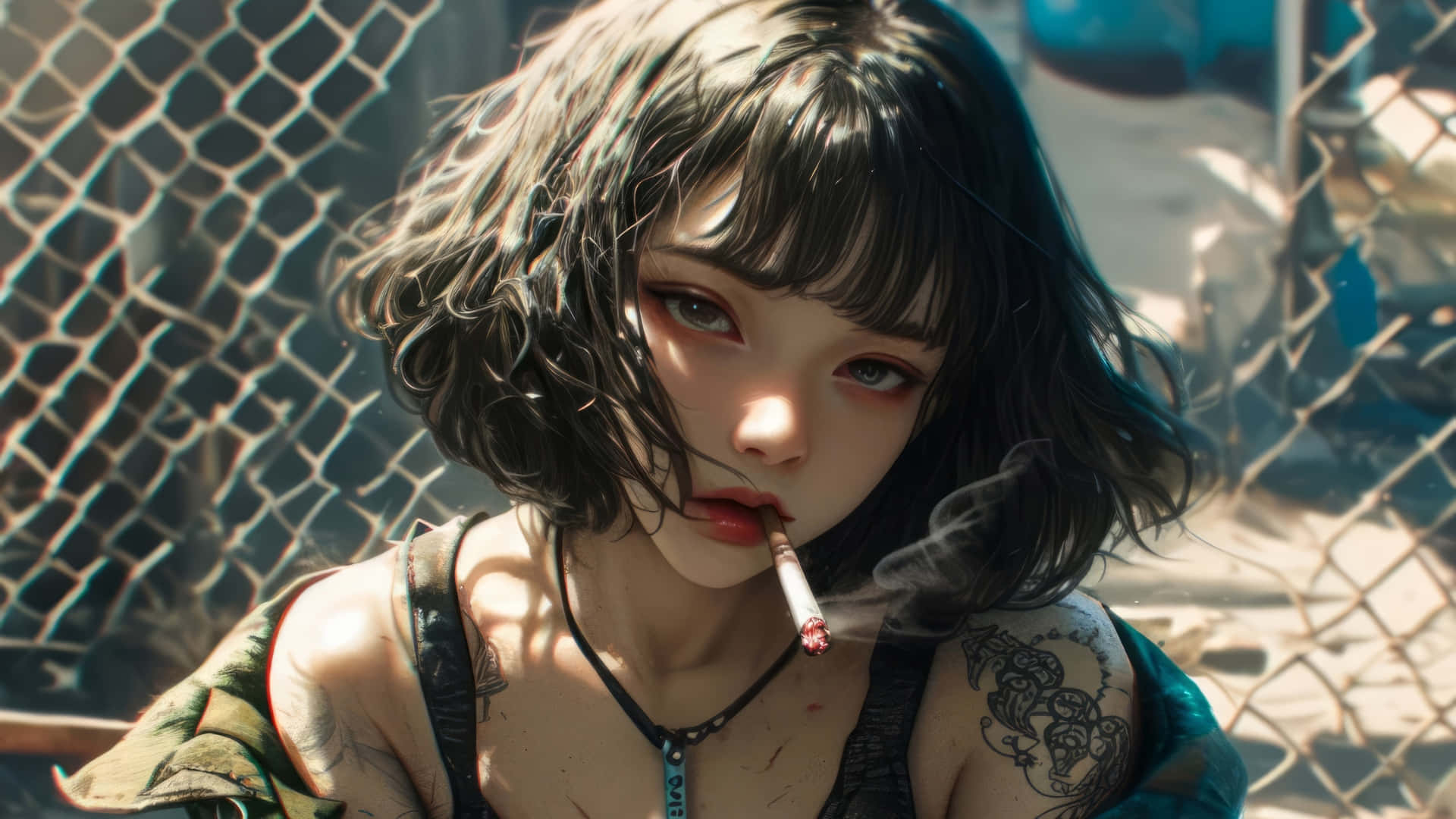  壁紙 — 一位深色頭髮、有紋身的年輕女性在明亮的日光下，在鐵絲網圍欄後面抽煙。