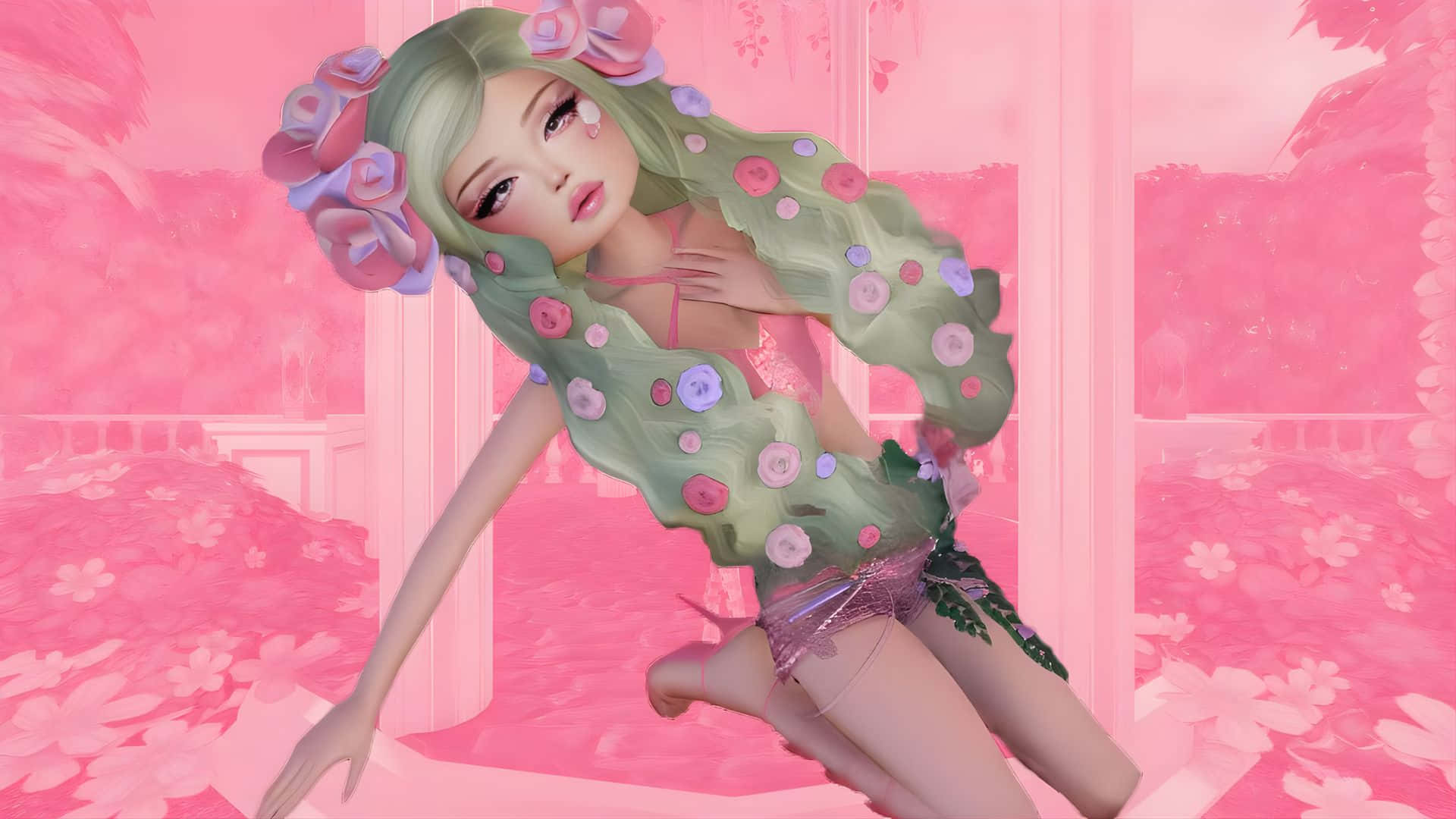  壁紙 — 一位數碼動漫女孩，擁有花卉頭髮和裙子，在粉紅色的花園中優雅地擺姿勢。