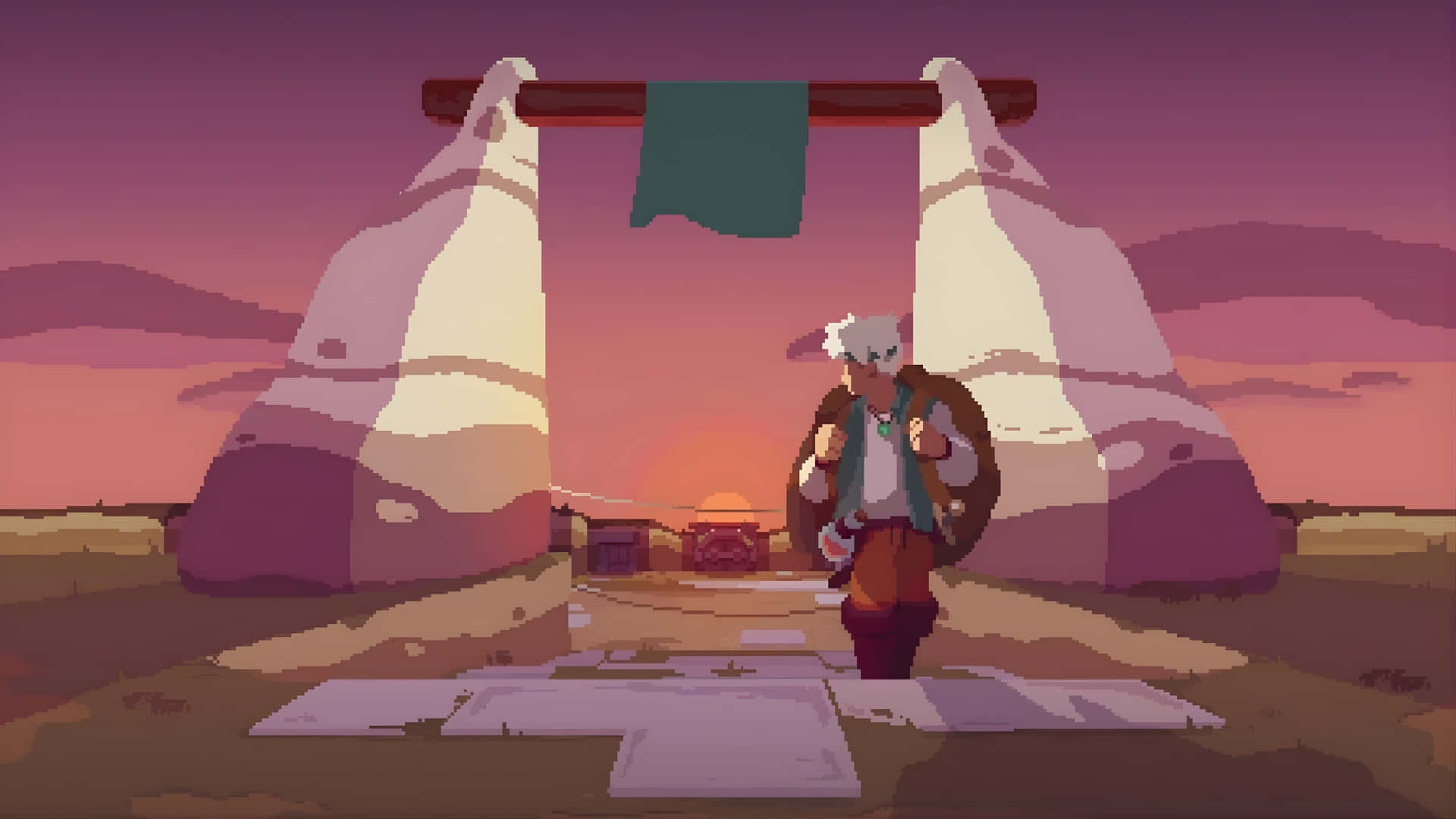  壁紙 — 一位像素藝術冒險家站在沙漠景觀中，夕陽下的石鳥居前。