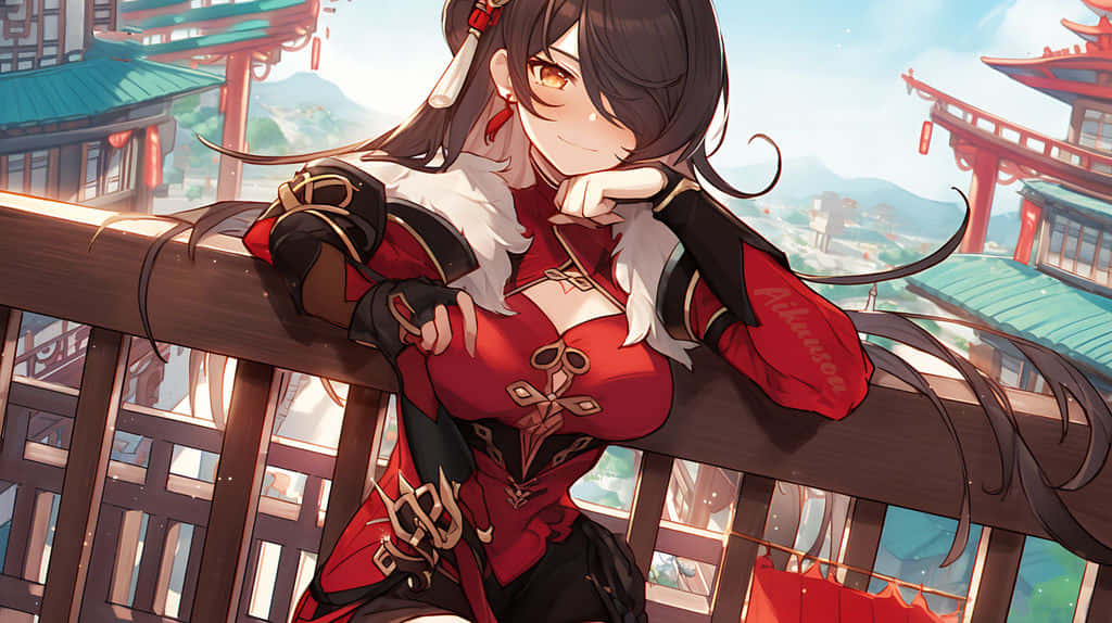 Genshin Impact Beidou 桌布 壁紙 — 一個微笑的動漫女孩穿著紅黑服裝，靠在木製陽台欄杆上，俯瞰傳統東亞建築。