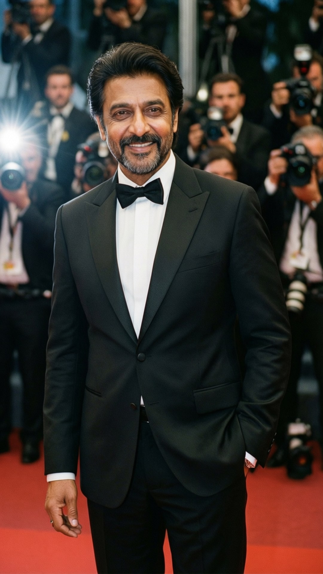 Red Carpet Elegance 壁紙 — 一位微笑的男子身穿黑色燕尾服配領結，自信地站在紅地毯上，周圍閃光燈不斷。