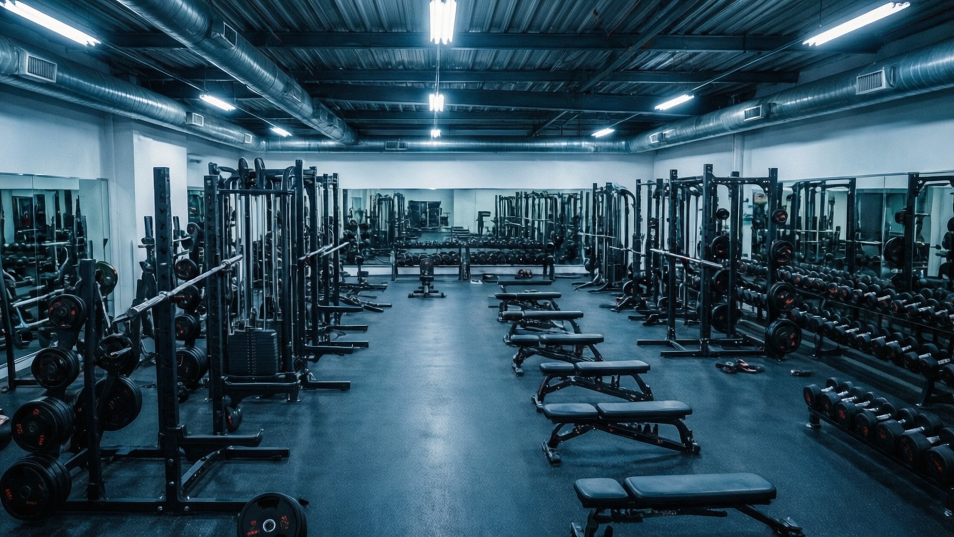 Empty gym with weight machines and benches under blue lights. 壁紙