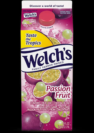 Welch's 葡萄百香果果汁混合包裝 壁紙 — 一個充滿活力的粉紅色Welch's熱情果汁盒，上面有切片熱情果和青提子在清爽飲料中飛濺。