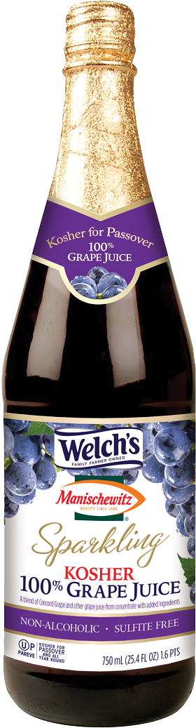 Welch's Manischewitz 無酒精氣泡葡萄汁 壁紙 — 一瓶高身的 Welch's 氣泡猶太葡萄汁，帶有金色箔蓋和紫色標籤，背景為黑色。