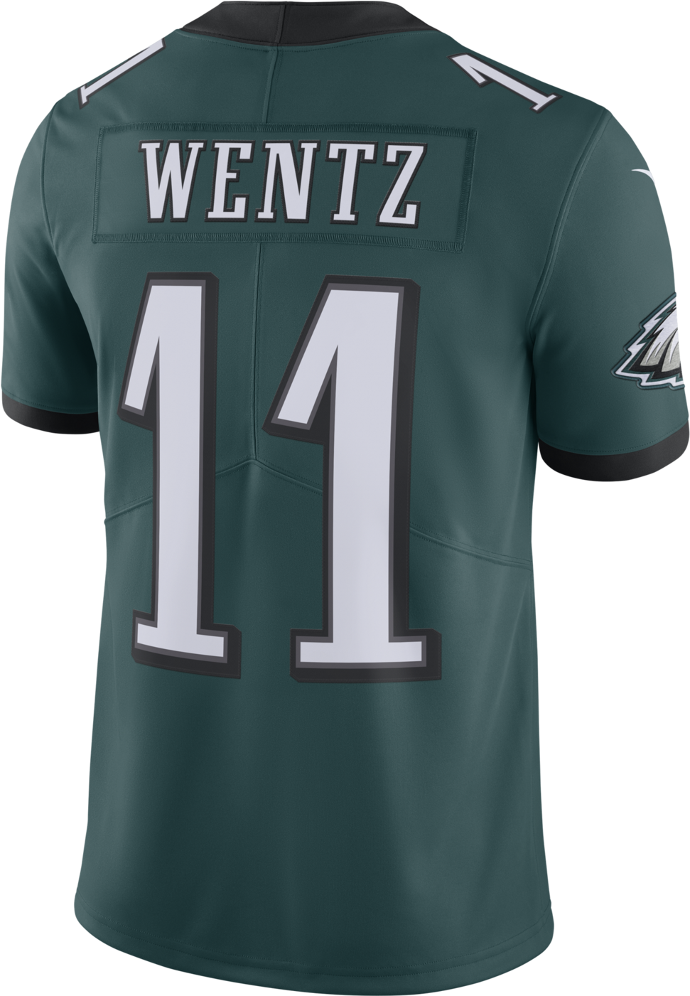 費城老鷹隊Wentz11號球衣 壁紙 — 費城老鷹隊深綠色美式足球球衣特寫，印有名字 WENTZ 和號碼 11，粗體白色配黑色邊框。