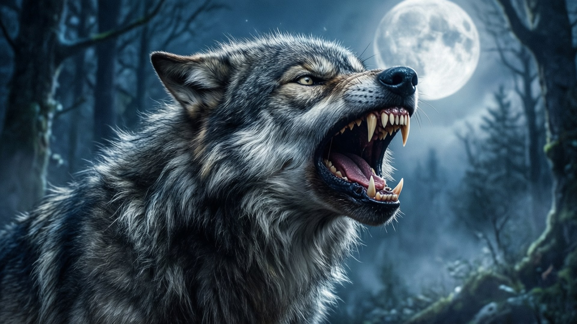 Werewolf Howling Fangs 壁紙 — 一頭兇猛的狼在滿月下嚎叫，身處迷霧森林，周圍是光禿的樹木和發光的眼睛。