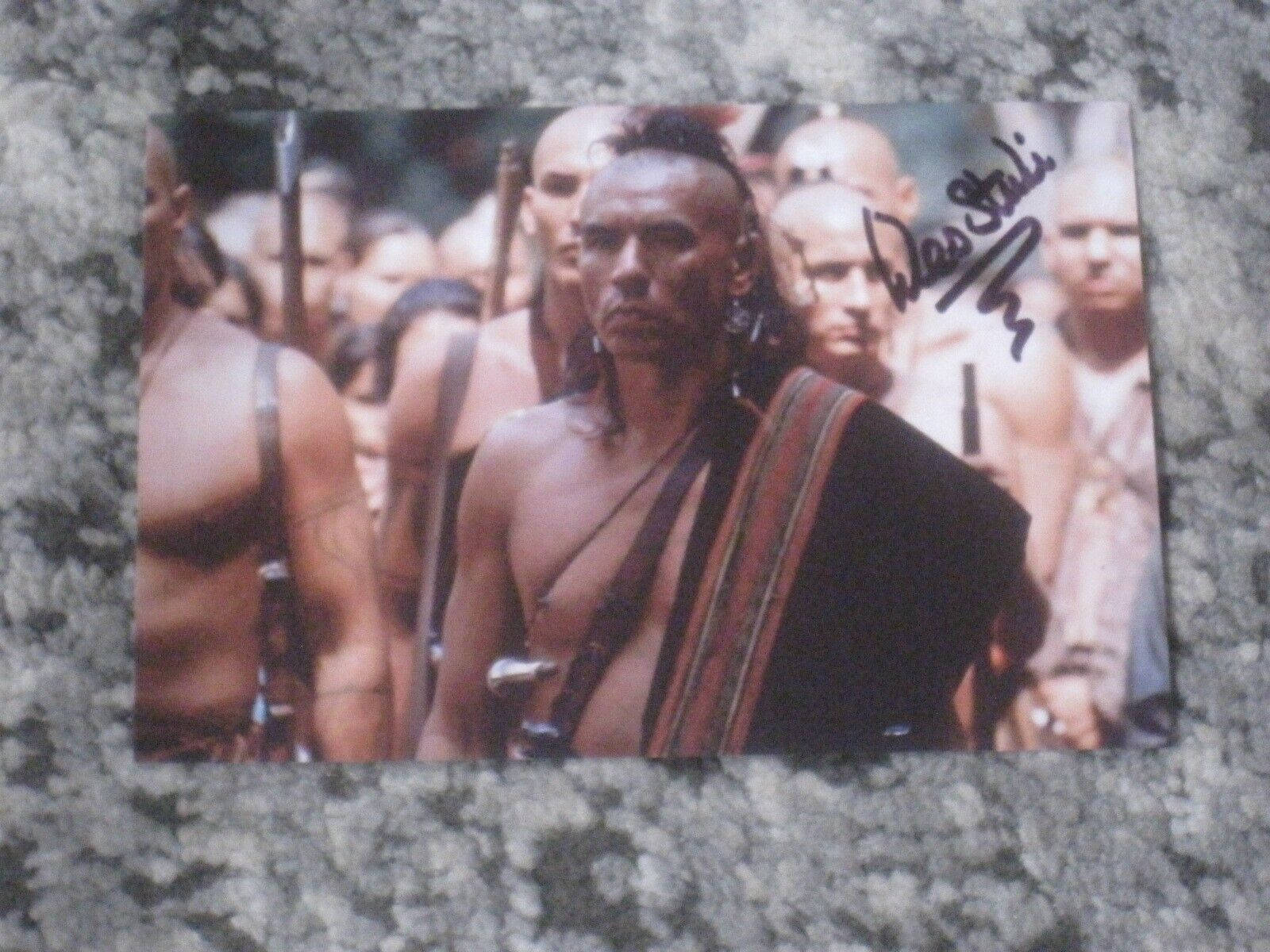 Wes Studi 電影場景 壁紙 — 演員丹尼斯·奎德（Dennis Quaid）身穿部落服飾、表情嚴肅的戰士造型簽名照片。